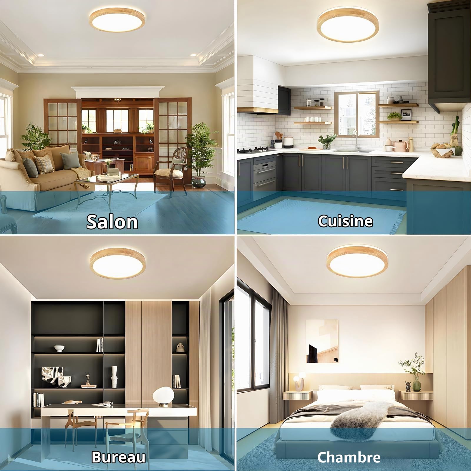 Plafonnier LED Bois, Lampe Ronde en Bois Naturel Lueur à 360° | Blanc naturel 4 500 K, 18 W 1 600 lm | Salon, cuisine, salle à manger, couloir, maison, bureau, chambre d'enfant, bureau(Ø30cm)