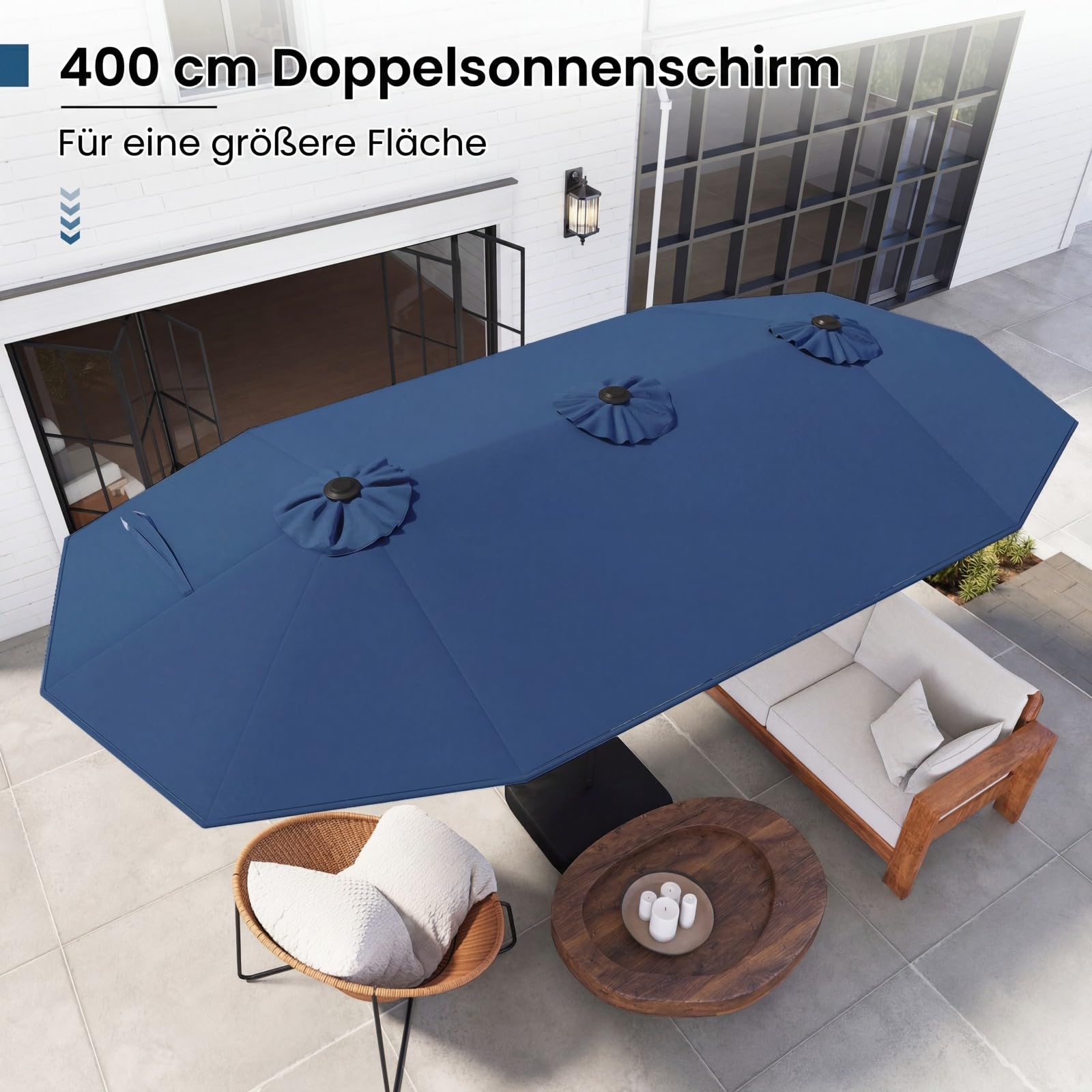 COSTWAY Podwójny parasol przeciwsłoneczny ze stojakiem i diodami LED, 400 x 200 cm, duży parasol przeciwsłoneczny, XXL, UPF 50+, parasol ogrodowy z korbą, parasol tarasowy, do ogrodu, na taras i basen