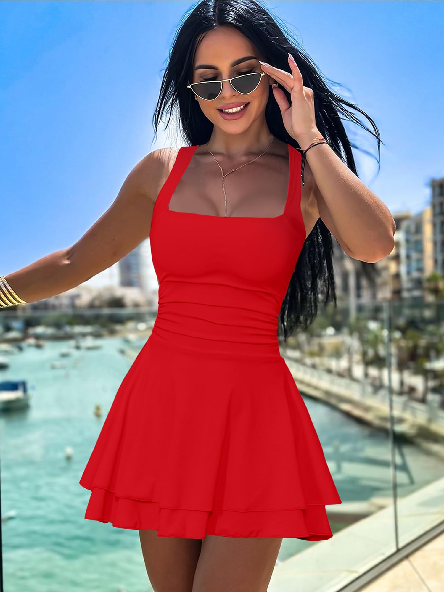 Kaximil Women's Square Neck Ruffle Hem Mini Dress Ruched Waist Short Party Dresses