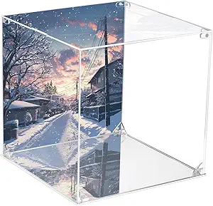 CHILLCASE UV Printed Background Acrylic Display Case with Mirror Base Anime Scene Clear Display Box Stand for Collectible Showcase for Action Figures Models PVC(Snow,7.9×7.9×7.9 inch