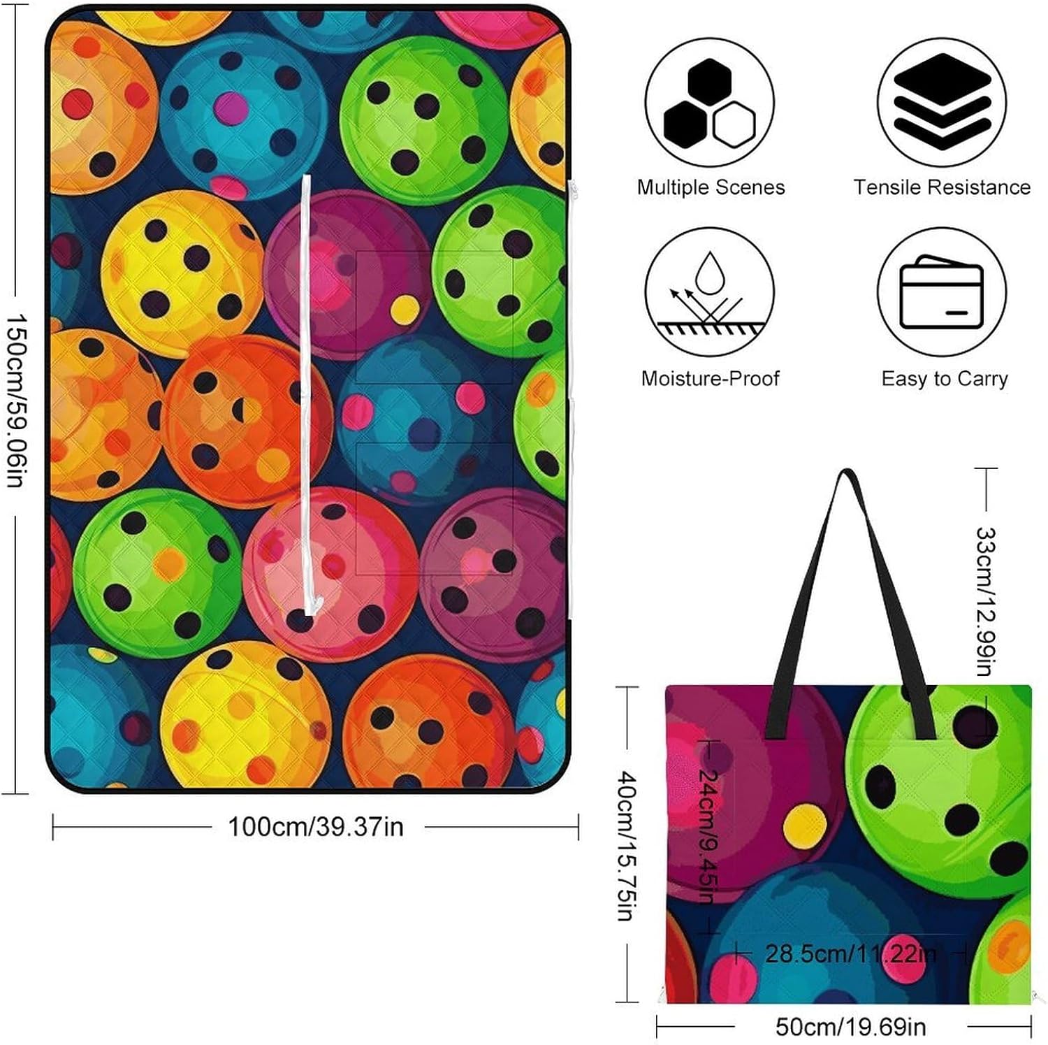 Pickleball Balls Colors Pattern Picnic Blanket 150x100cm, Foldable 2-in-1 Picnic Mat and Tote Bag Portable Waterproof Beach Mat Sandproof Outdoor Blanket for Park, Hiking, Beach, Camping, Travel