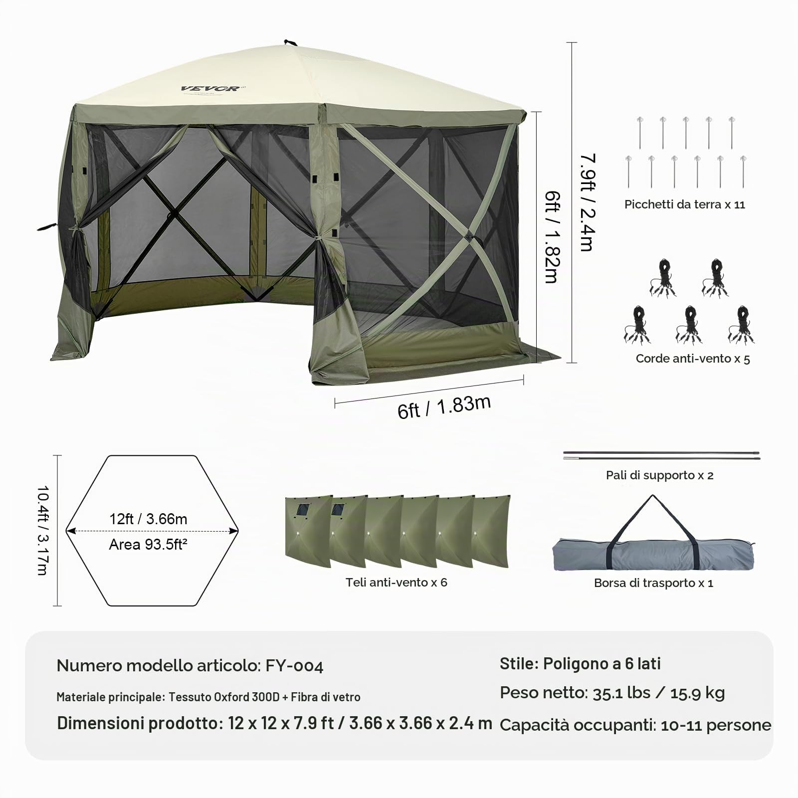 VEVOR Gazebo Pop-Up, Tenda con Schermo Pop-Up, Baldacchino su 6 Lati, Riparo da Sole 6 Panni Antivento Rimovibili Finestre in Rete, con Zanzariera Schermo a Montaggio Rapido 3,66 x 3,66 m Verde