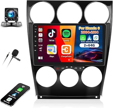 2G+64G Car Radio for Mazda 6 2004-2014 with Wireless Carplay Android Auto,9 inch Touchscreen Mazda 6 Car Stereo Radio Support Mirror Link WiFi/GPS Navigation Bluetooth FM RDS EQ SWC AHD Backup Camrea