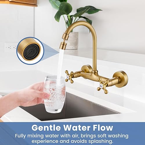 Vista 71 de Airuida Grifo de cocina de montaje en pared con rociador, grifo de fregadero de cocina montado en la pared, asas dobles cruzadas, boquilla giratoria