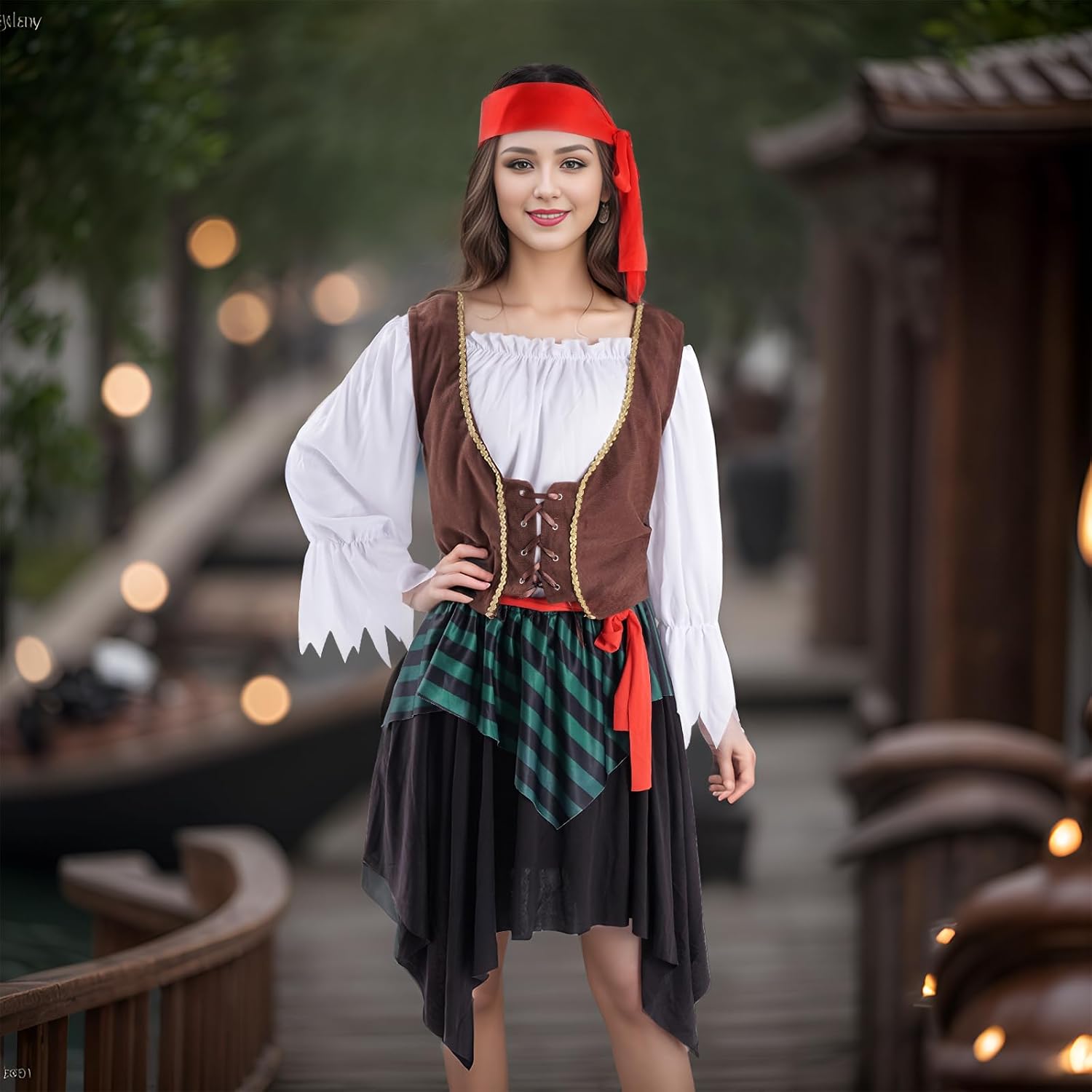 Pirate Costume for Women Adult Pirate Accessories Halloween Renaissance Costumes Outfit with White Shirt Skirt Vest Belt Headscarf for Women Girl - Image 7