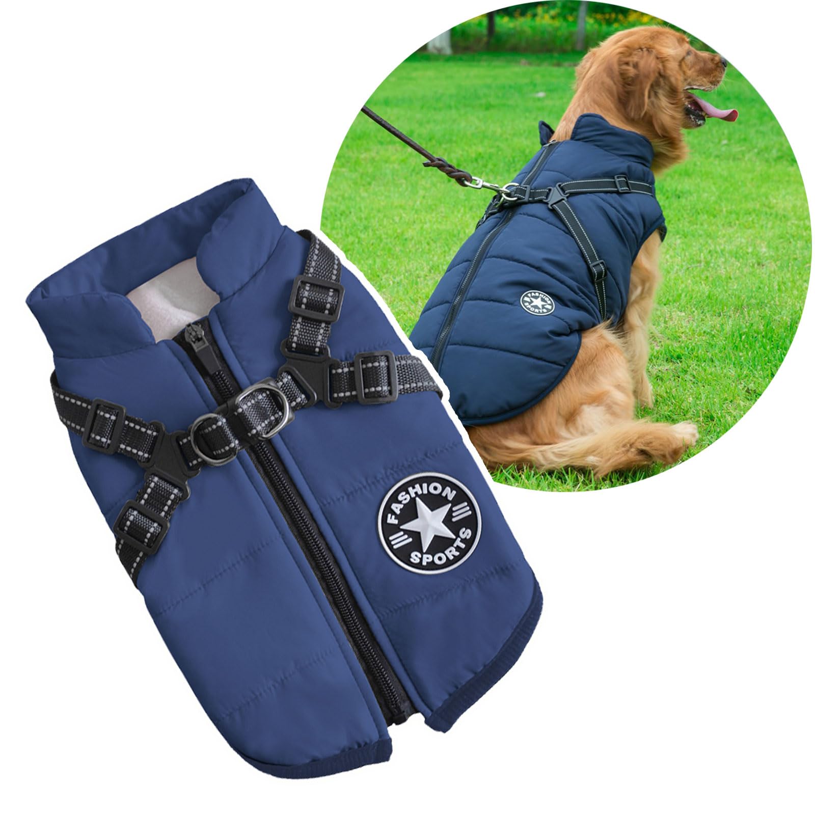 2 in 1 Large Dog Winter Coat Harness, Outdoor Warm Large Dog Jacket, Cold Weather Padded Dog Vest Apparel Clothes for Large Dogs