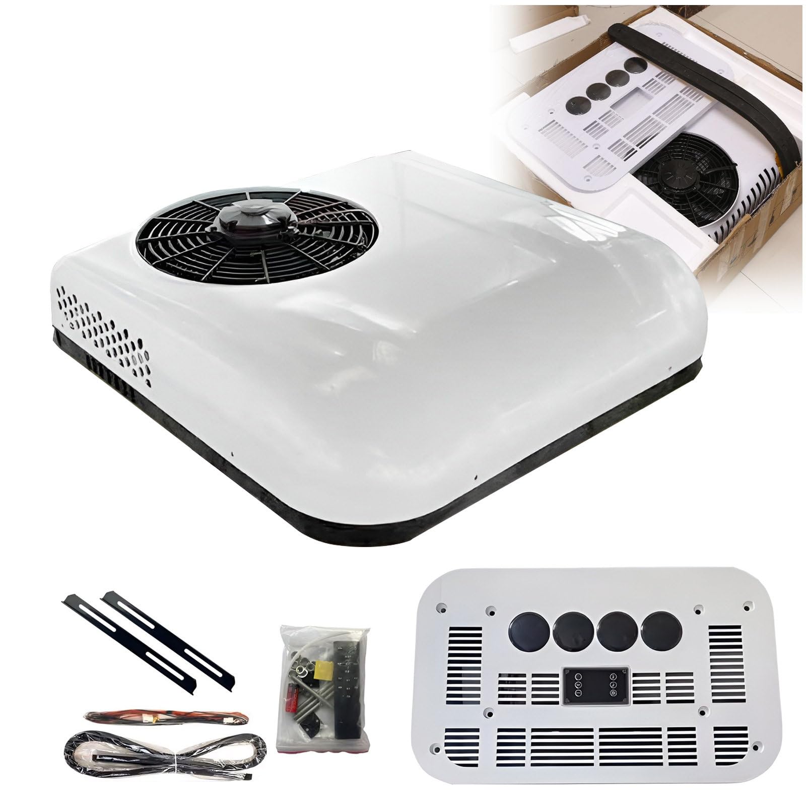 JXUANMM 10000BTU/h RV Roof Air Conditioner 12V Quiet Camper AC Unit, DC 12 Volt Van Rooftop A/C Units, High Efficiency Fast Cooling For Sleeper Truck Caravan Tractor Loader Crane 12V-White