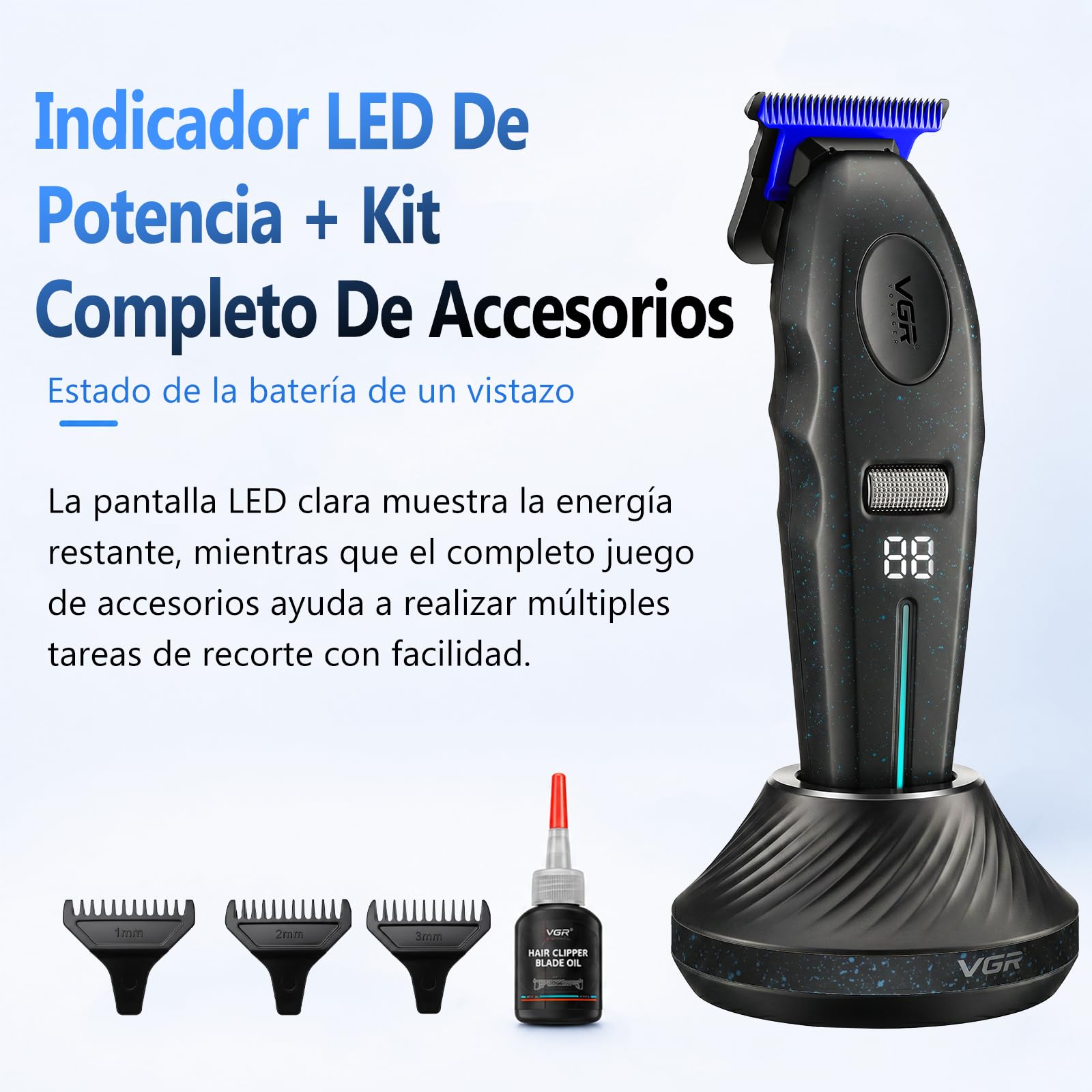 VGR 887T Máquina de Cortapelos Profesional, 6 Velocidades, 9000 RPM, Negro | Recortadora de Contornos 6 Niveles, Cuchilla de Cerámica Desmontable y Lavable para Hombre, Base de Carga