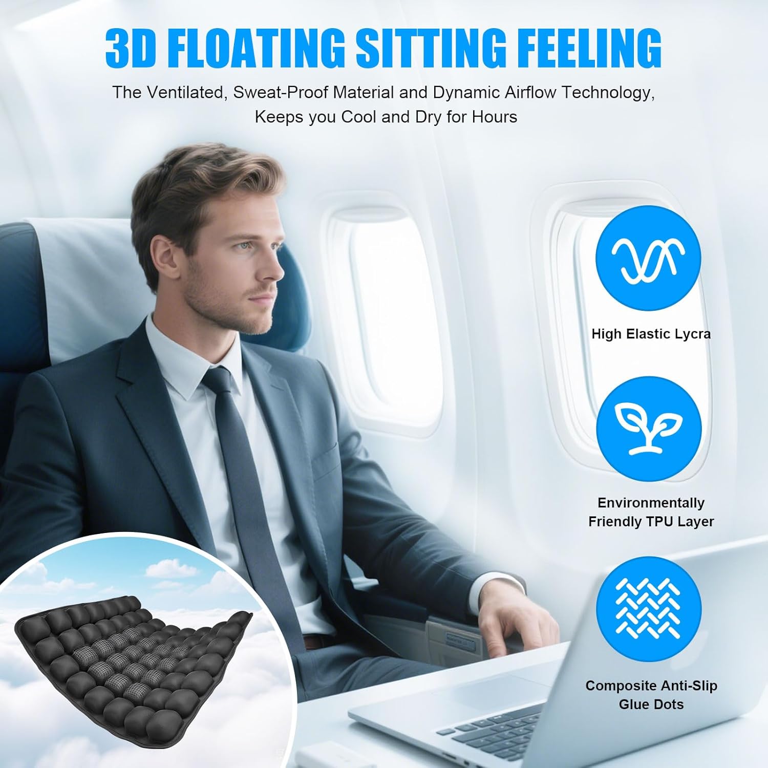 56 3D Air Cell Seat Cushion, Inflatable Travel Seat Cushion for Airplane,Office Chair, Wheelchair, Cars, Home Living, Comfortable Pressure Relief Tailbone Pain Relief (Black, 16"x18") - Image 4