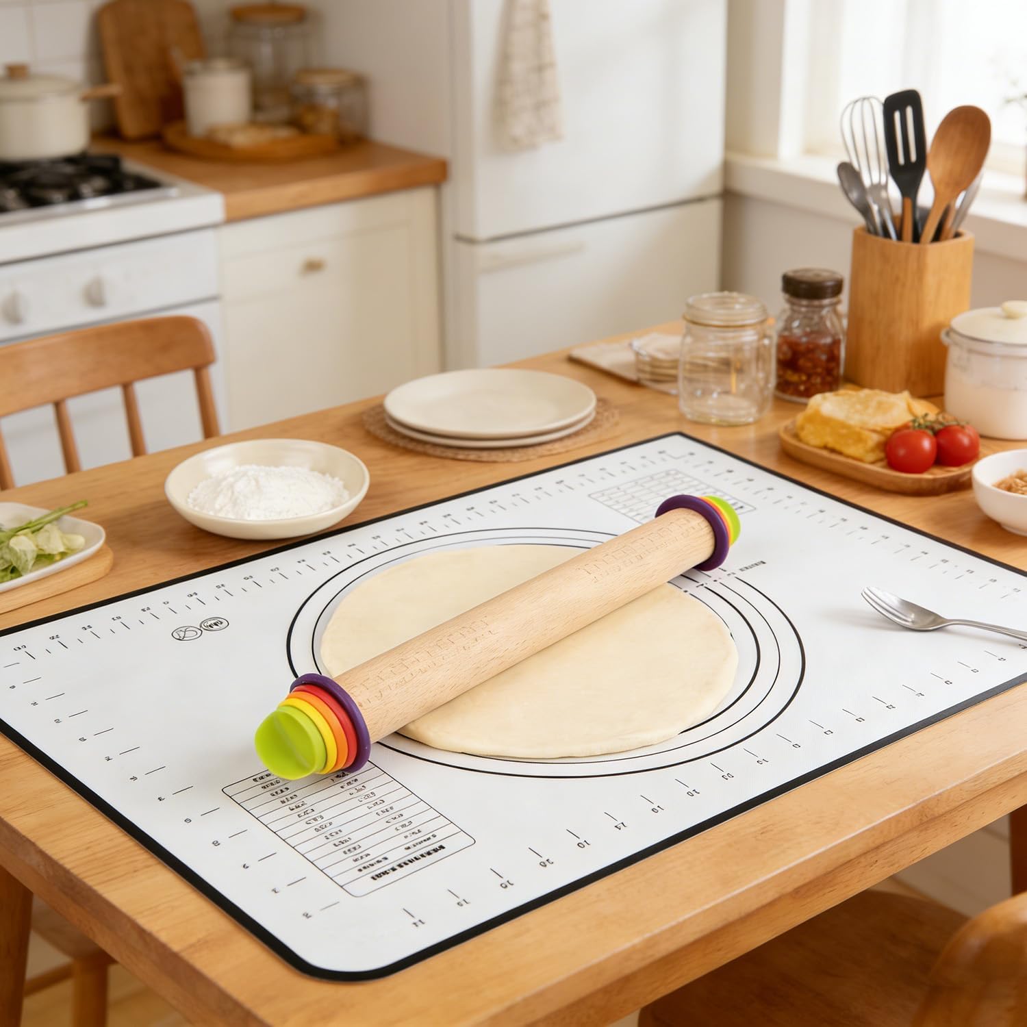 Einstellbares Teigroller Holz, Buchenholz Nudelhölzer Teigrolle mit Dicken Ringe in 4 Größen, Ausrollstab für Pizzakuchen, Gebäck, Nudeln und Keksen, 44cm Küche, Haushalt & Wohnen