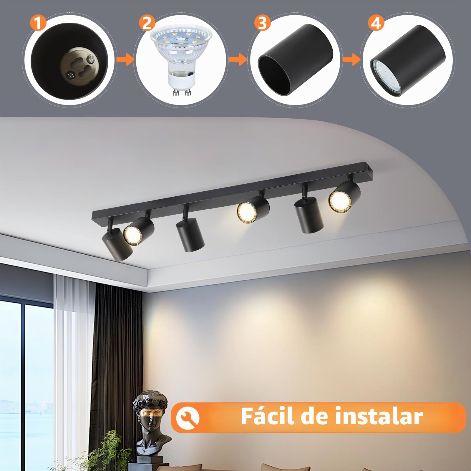 Homefire LED plafón de techo lámpara de techo negro - 6 llamas GU10 lámpara de techo 350° orientable foco de techo interior para salón cocina dormitorio sin bombillas | Foco orientable GU10 350° para interiores, para salón, cocina, dormitorio, sin bombill