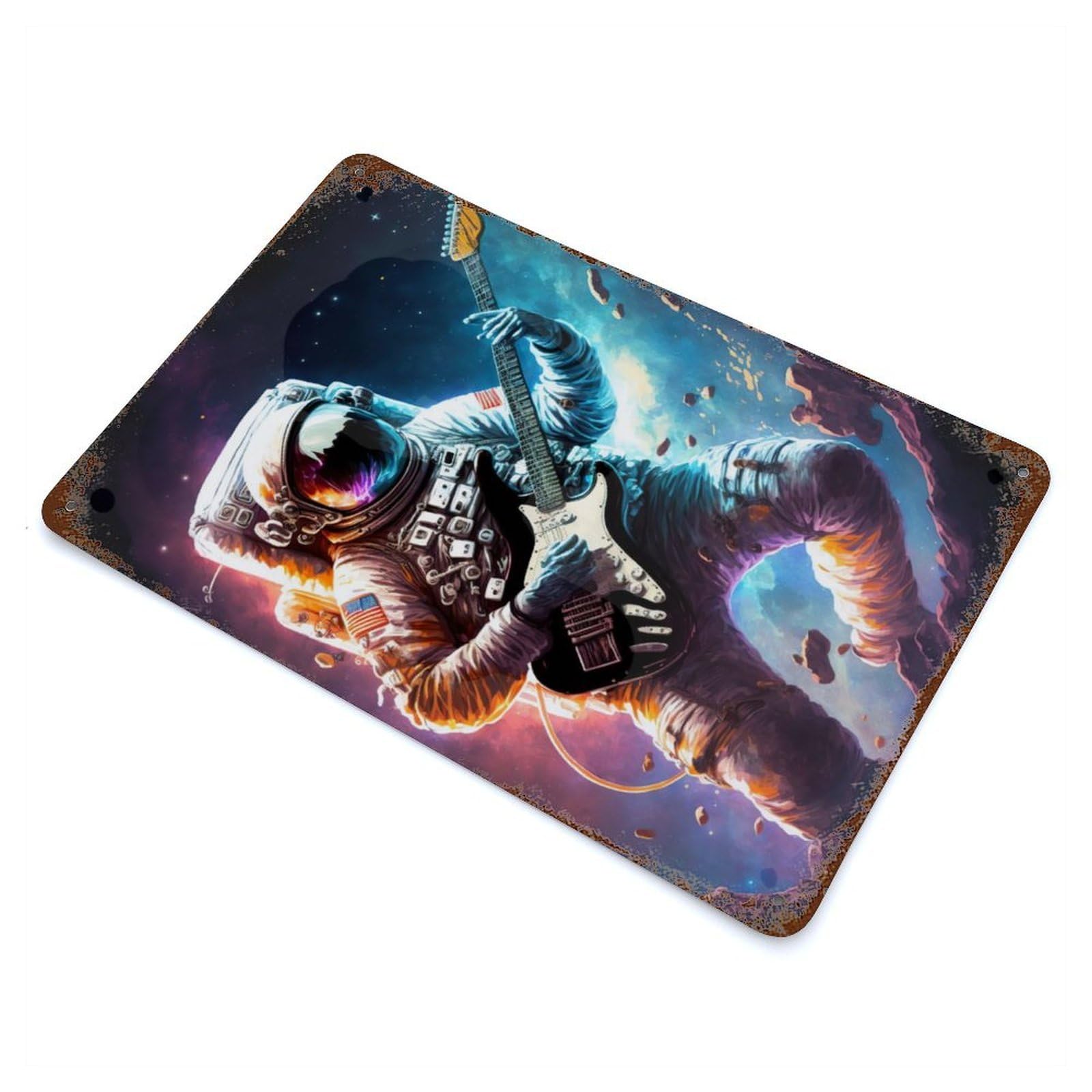 Astronaut Playing Guitar Rust Effect Tin Sign 11.8"x7.9", Novelty Wall Decor for Garage, Pub Or Kitchen