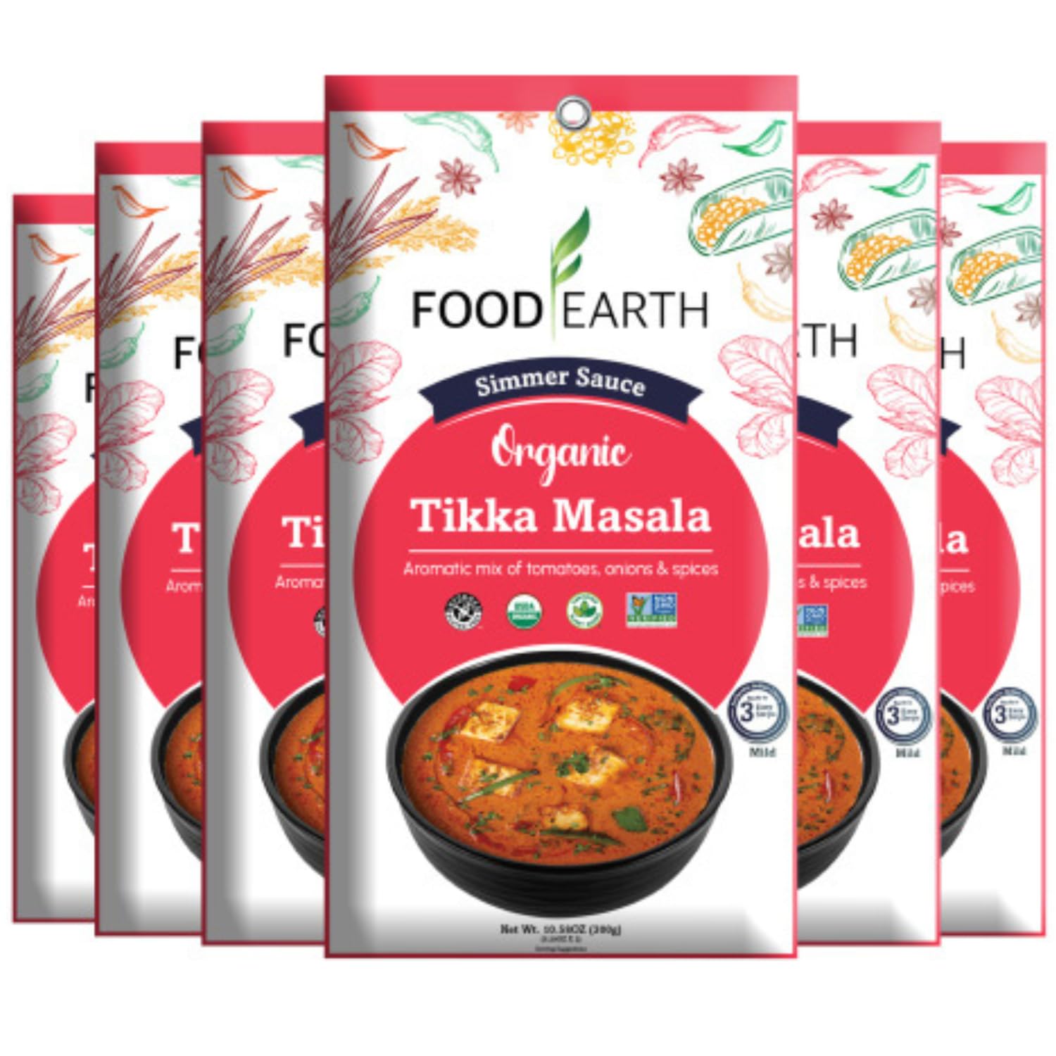Food Earth Indian Simmer Sauce – Tikka Masala – Organic, Vegan, Gluten-Free, GMO-Free – Microwavable Cooking Sauce – 12 Pouches (5.29 oz Each)