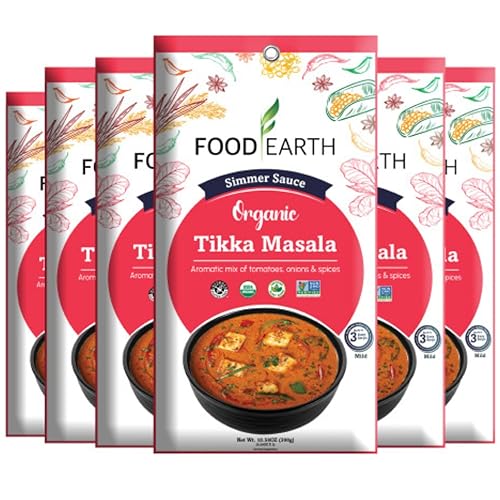 Food Earth Salsa india a fuego lento - Tikka Masala - Orgánica, vegana, sin gluten, sin OMG - Salsa de cocina para microondas - 12 bolsas (5.29 oz