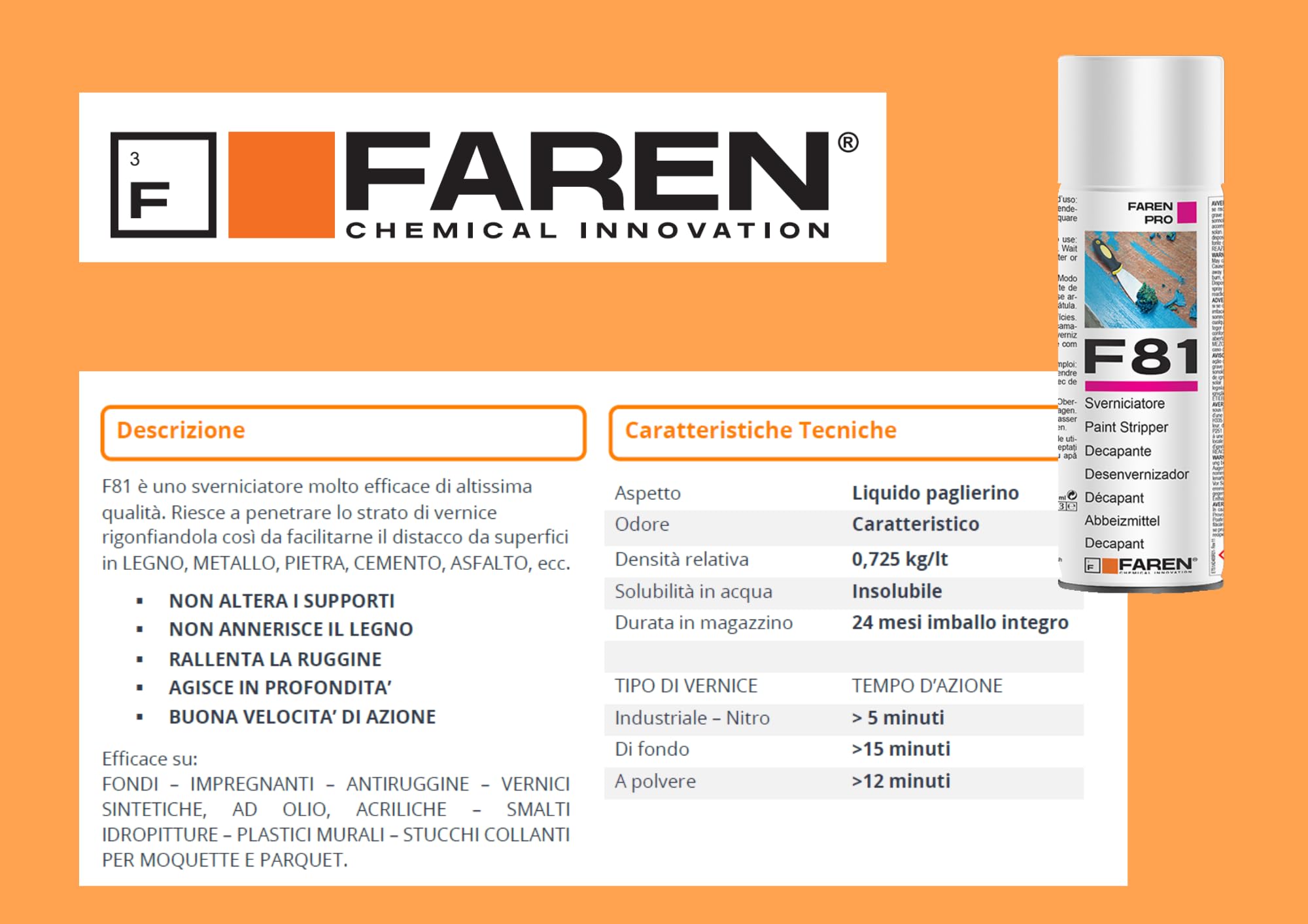Faren F81 Sverniciatore Spray, Rimozione Vernici e Colori per tutte le Superfici, Ecologico, Rapido,Facile, Sicuro, 400ml (1)