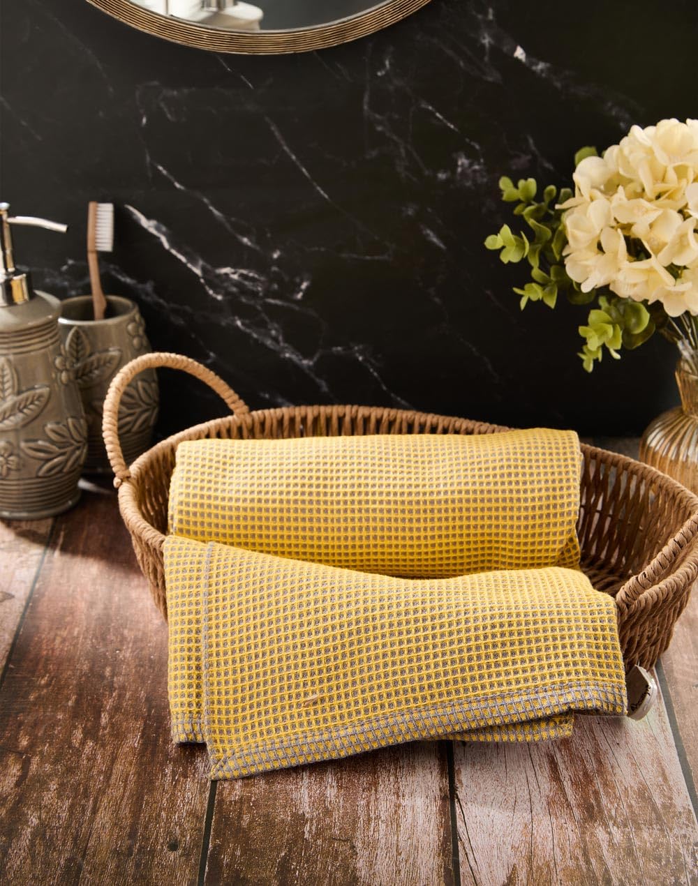 Fabindia Yellow Cotton Honeycomb Reversible Hand Towel-picture-10