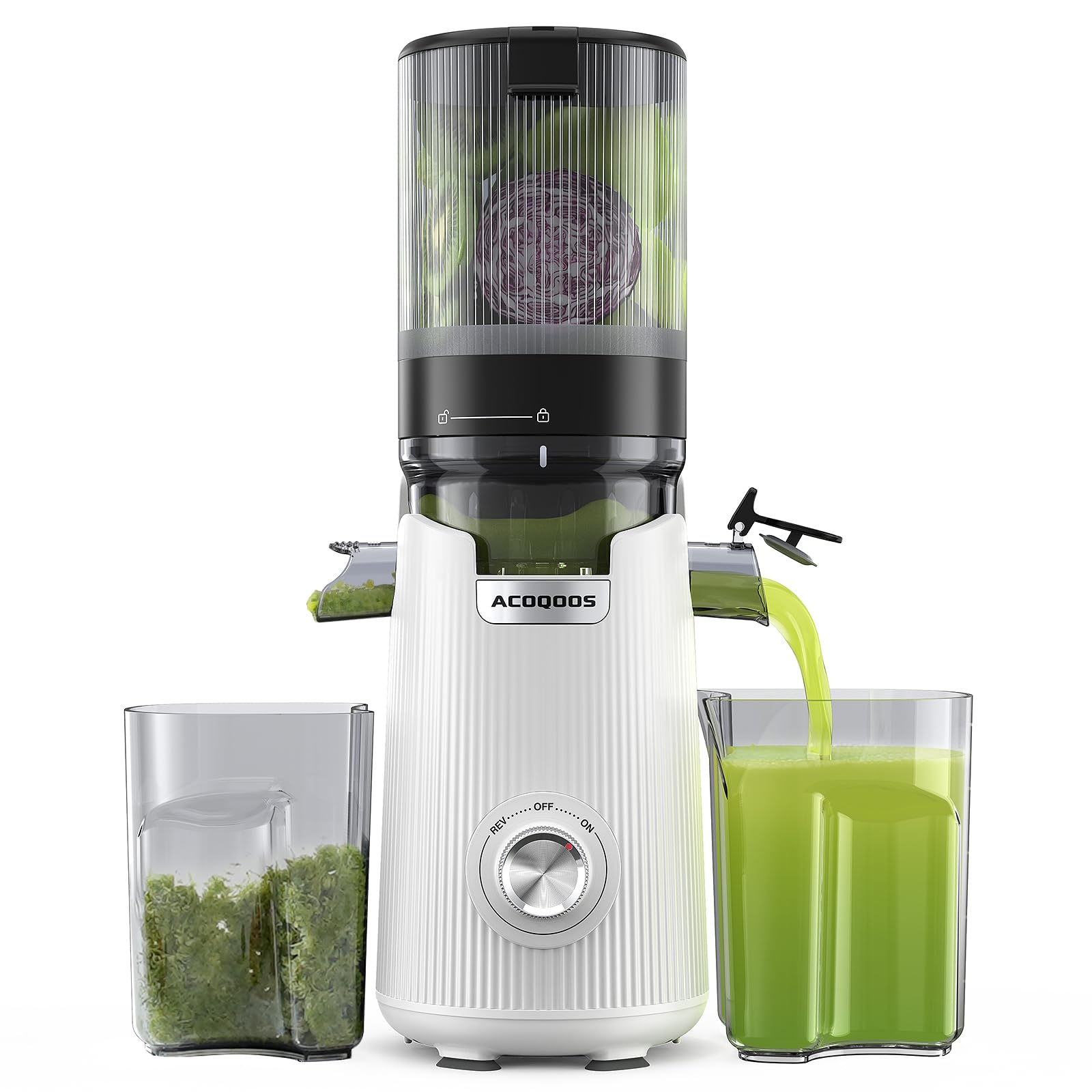 ACOQOOS Entsafter, Entsafter für Ganze Gemüse und Obst, 135mm, Breite und Größere Fütterungsröhre, 1,8 L Füllvolumen, Leicht zu Reinigender Slow Juicer mit 2 Gläsern, Elektrische Saftpresse, Weiß