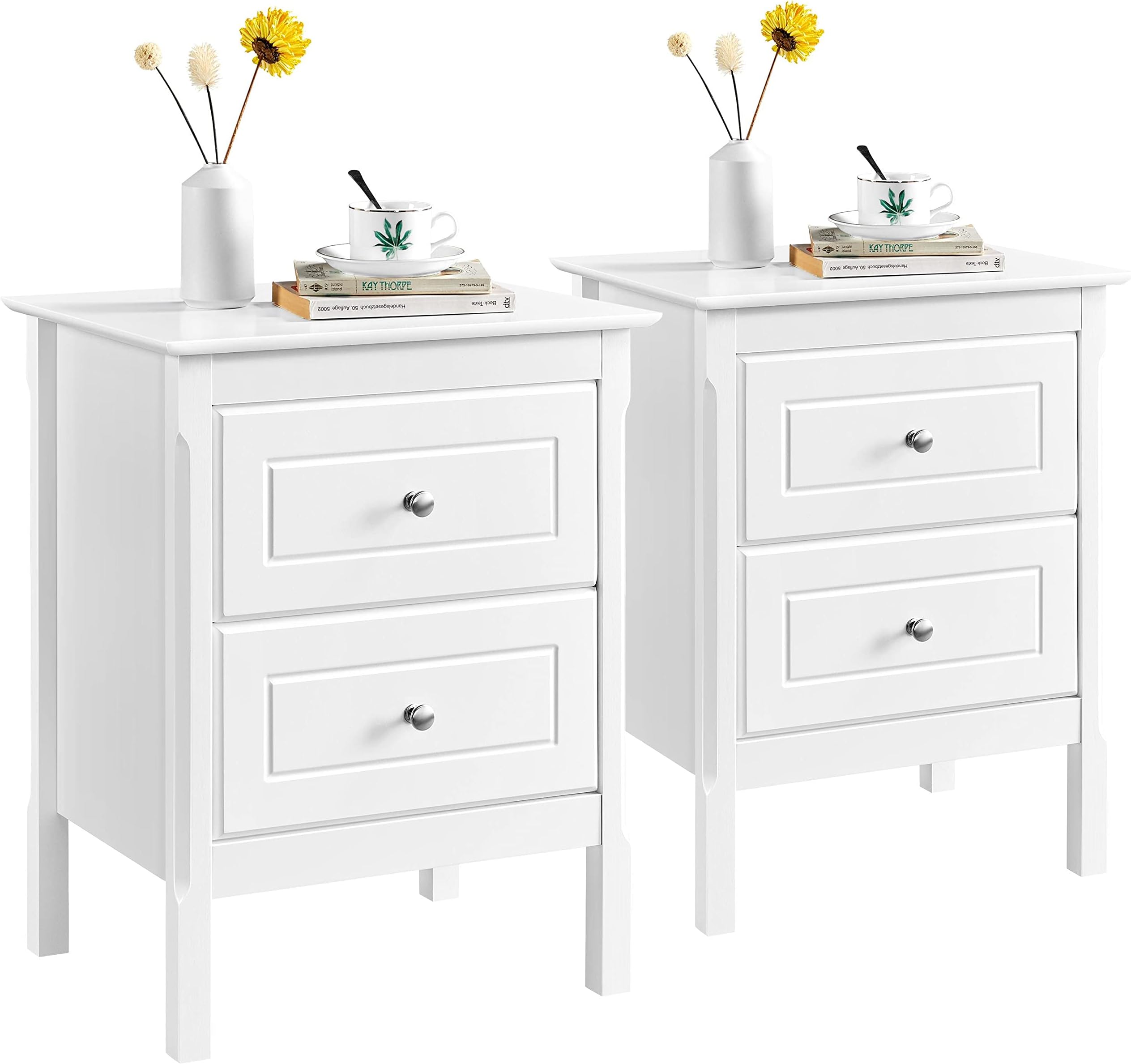 Yaheetech Bedside Tables Set of 2, Nightstands Bedside Cabinets with 2 Storage Drawers, Wooden White Side Tables with Pine Wood legs and Storage Unit for Bedroom, Living Room, 40 x 48 x 61 cm