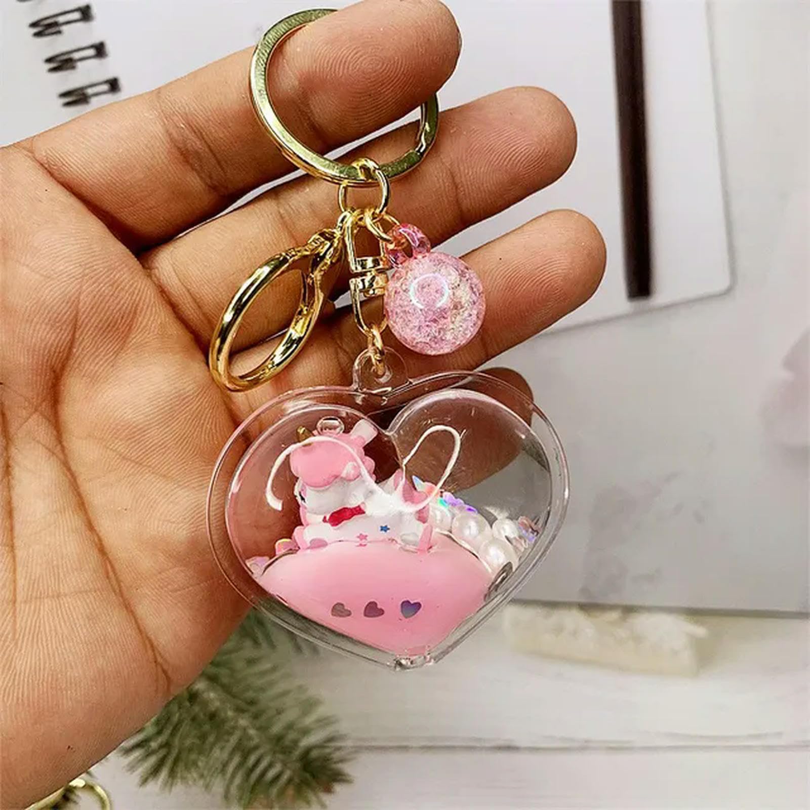 JIMINISO Floating unicorn peach heart keychain heart liquid quicksand into oil drift bottle pendant