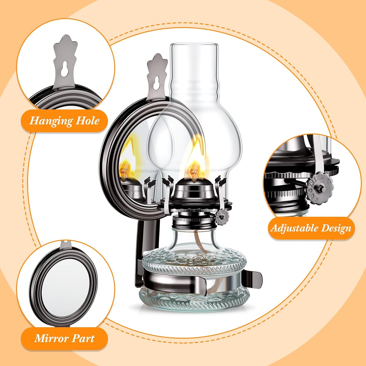 Yexiya 4 Pcs Large Kerosene Lamp Lantern Chamber Oil Wall Mounted Vintage Glass Clear Kerosene Lamp Rustic with Oil Wick for Indoor Home Decor Lighting(Black)