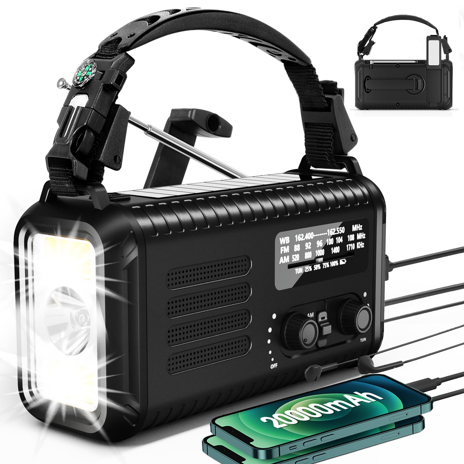 20000mAh AM/FM/NOAA Solar Powered Radio Emergency Hand Crank Weather Radio, with Phone Charger, USB Charged, LED Flashlight Reading Lamp Headphone Jack, SOS Alarm, Compass for Emergency (Army Green)-image-11