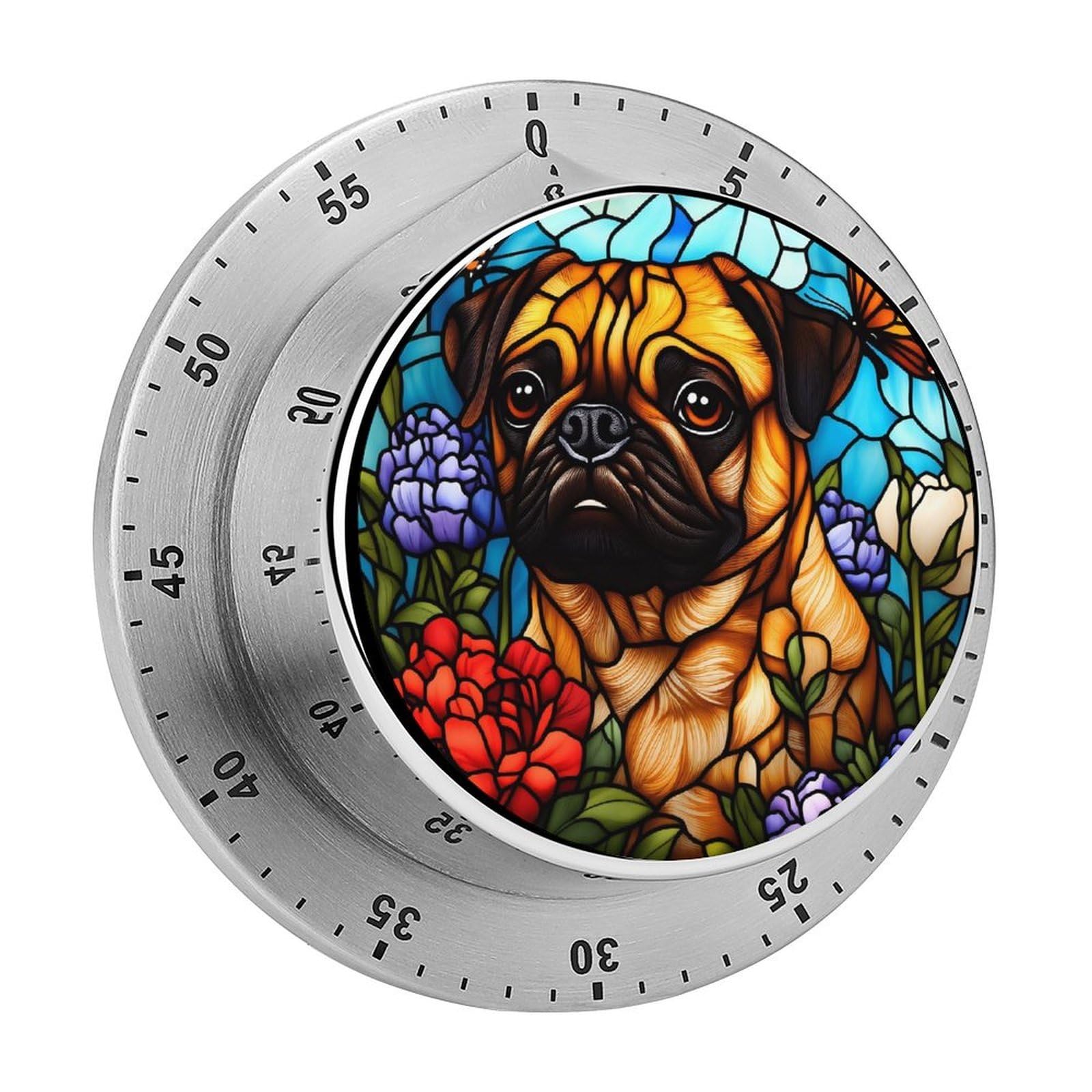 Pug Dog Stained Glass Floral 60 Minute Wind Up Timer,Visual Mechanical Magnetic Timer with Loud Alarm for Kitchen