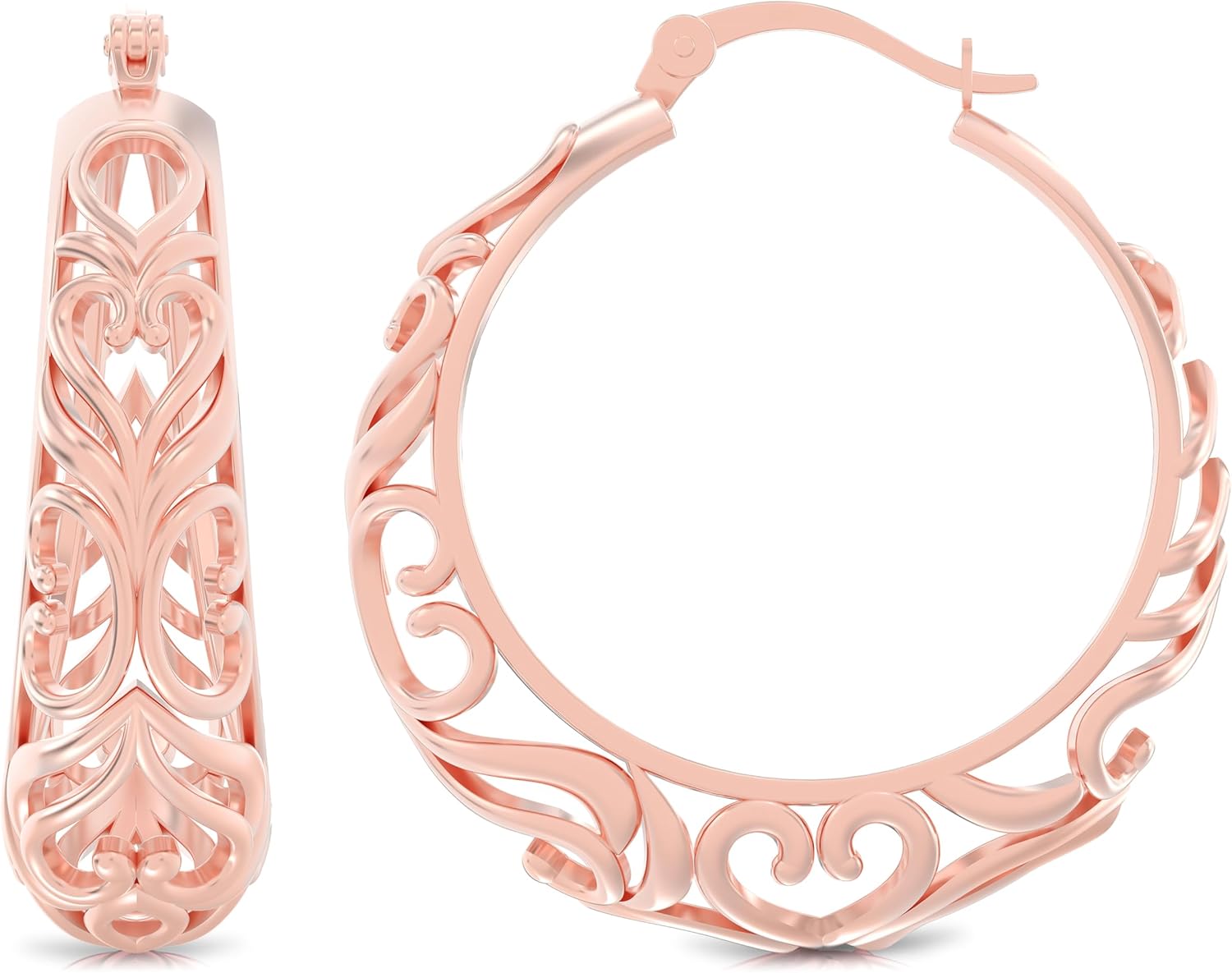 LeCalla 925 Sterling Silver Chunky Hoop Earrings | Filigree Mesh Heart Click Top Hoops for Women