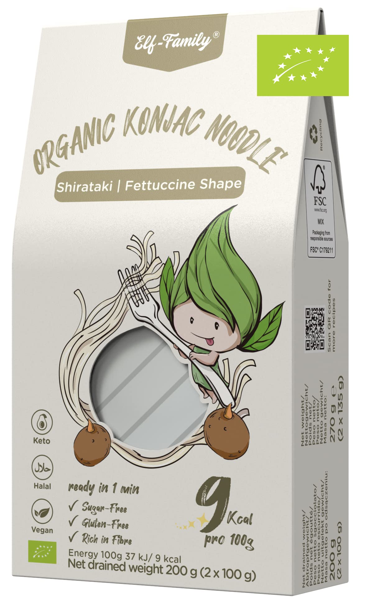 Elf-Family Bio Konjak Nudeln (-Fettuccine) 9kcal Low Carb Shirataki Nudeln Vegan/Glutenfrei-270g x60er Box(120 pack)