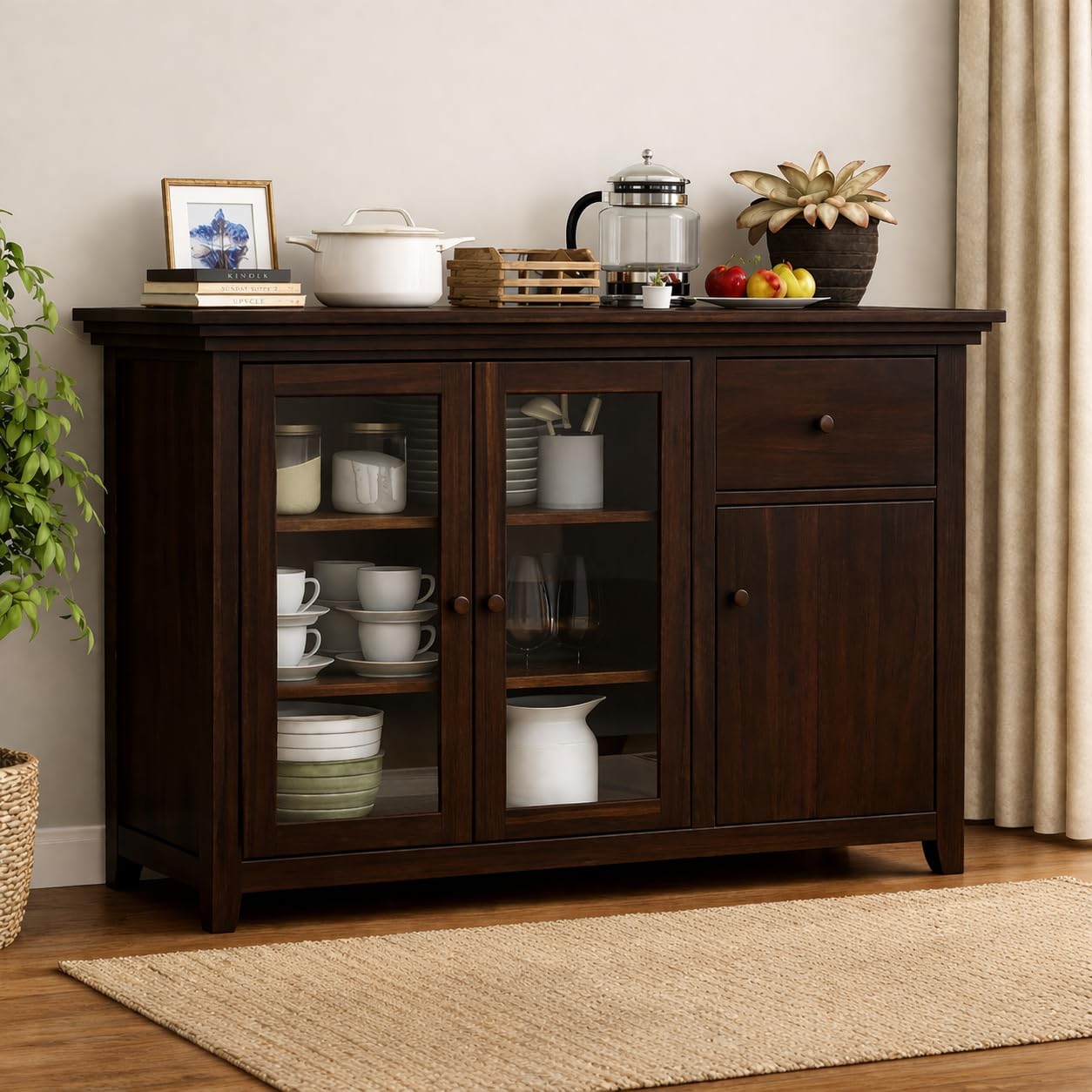 BANSHI WOOD FURNITURE Wood KitchenCabinet with Glass Door, Kitchen Storage Cabinet Racks, Kitchen Unit, Crockery, Wooden Chest of Drawers, Walnut-image-48