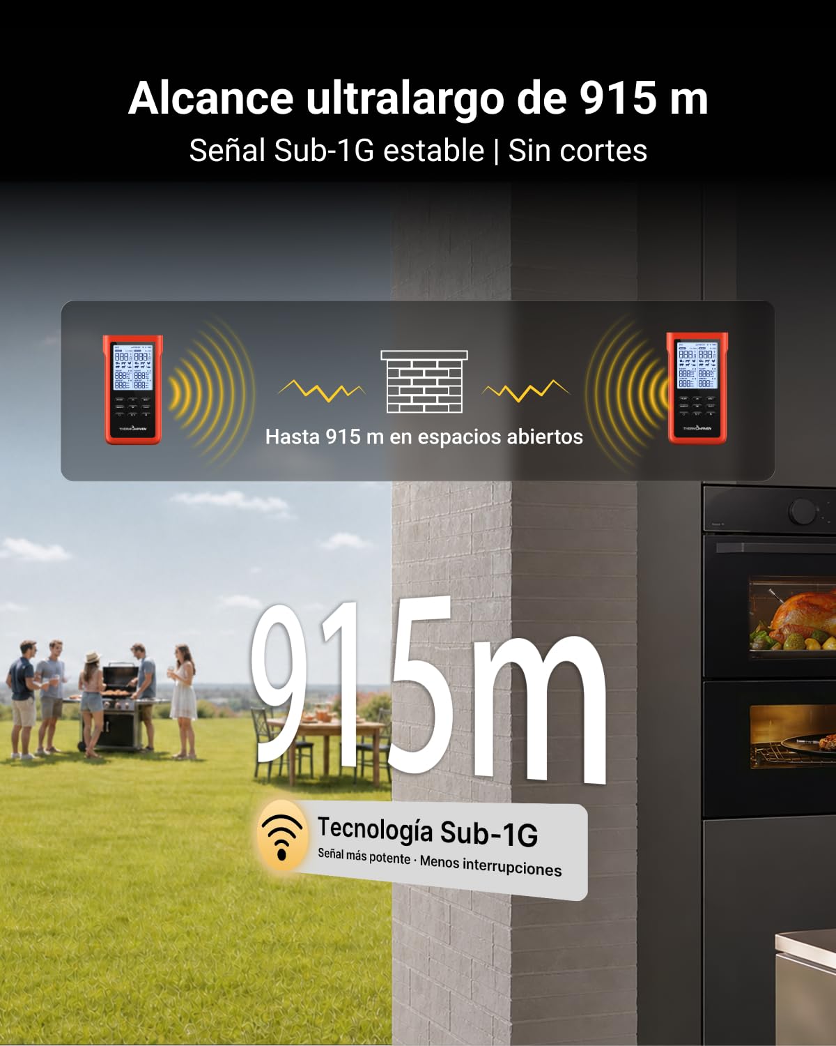 ThermoMaven X2 Termómetro para Carne Inalámbrico con 2 Sondas 915m Sub-1G | Finas NIST, 6 Sensores, Pantalla LCD sin App para Barbacoa, Horno, Parrilla, Ahumador, Costillas, Asados y Cocción Lenta