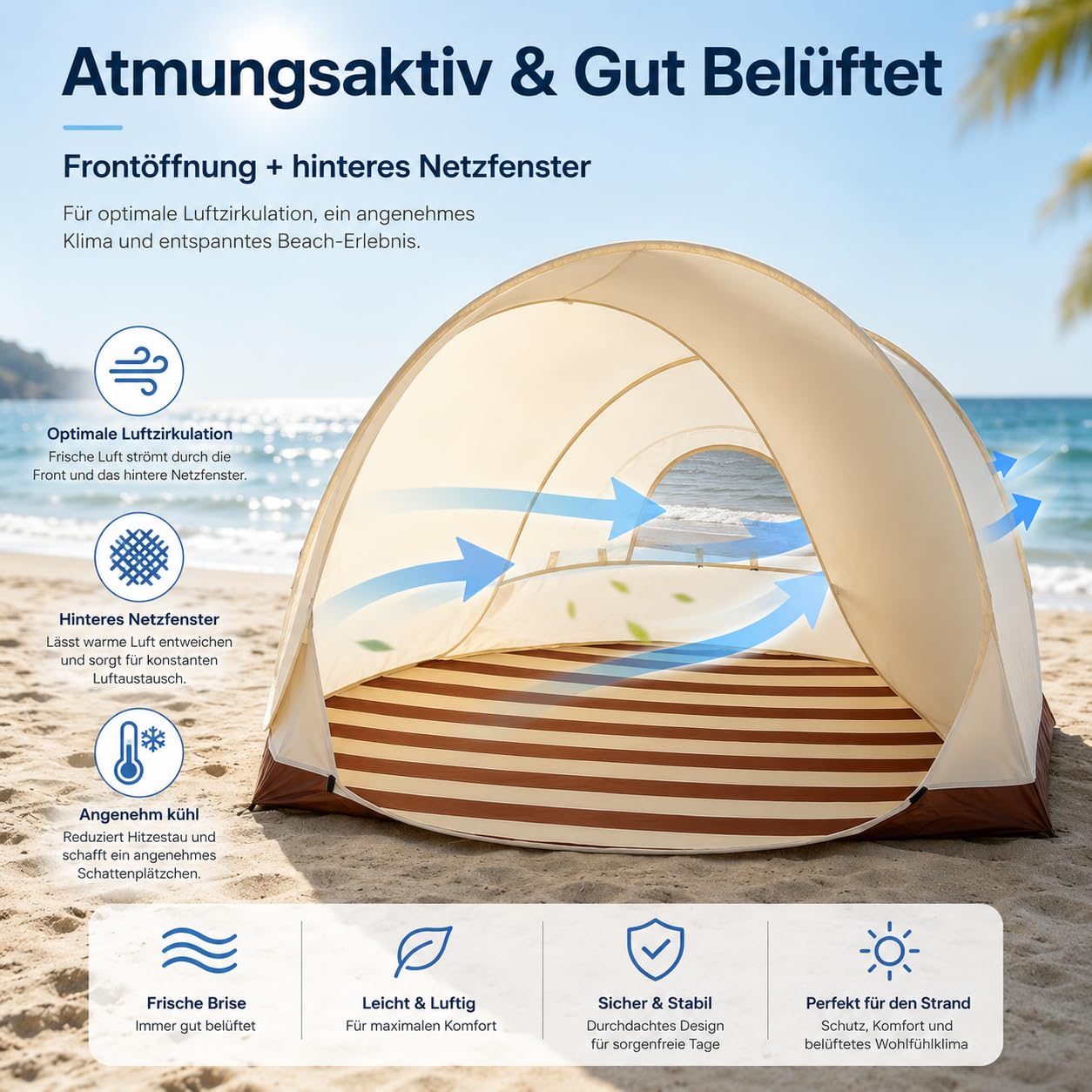 Pop-up Strandmuschel UV Schutz 50, 2-3 Personen Groß Strandzelt 1kg-Leicht & Tragbar, Wasserdicht Sonnenbeständig Atmungsaktiv,120x100cm, für Wanderausflug Strand Camping (Braun_185X85cm)