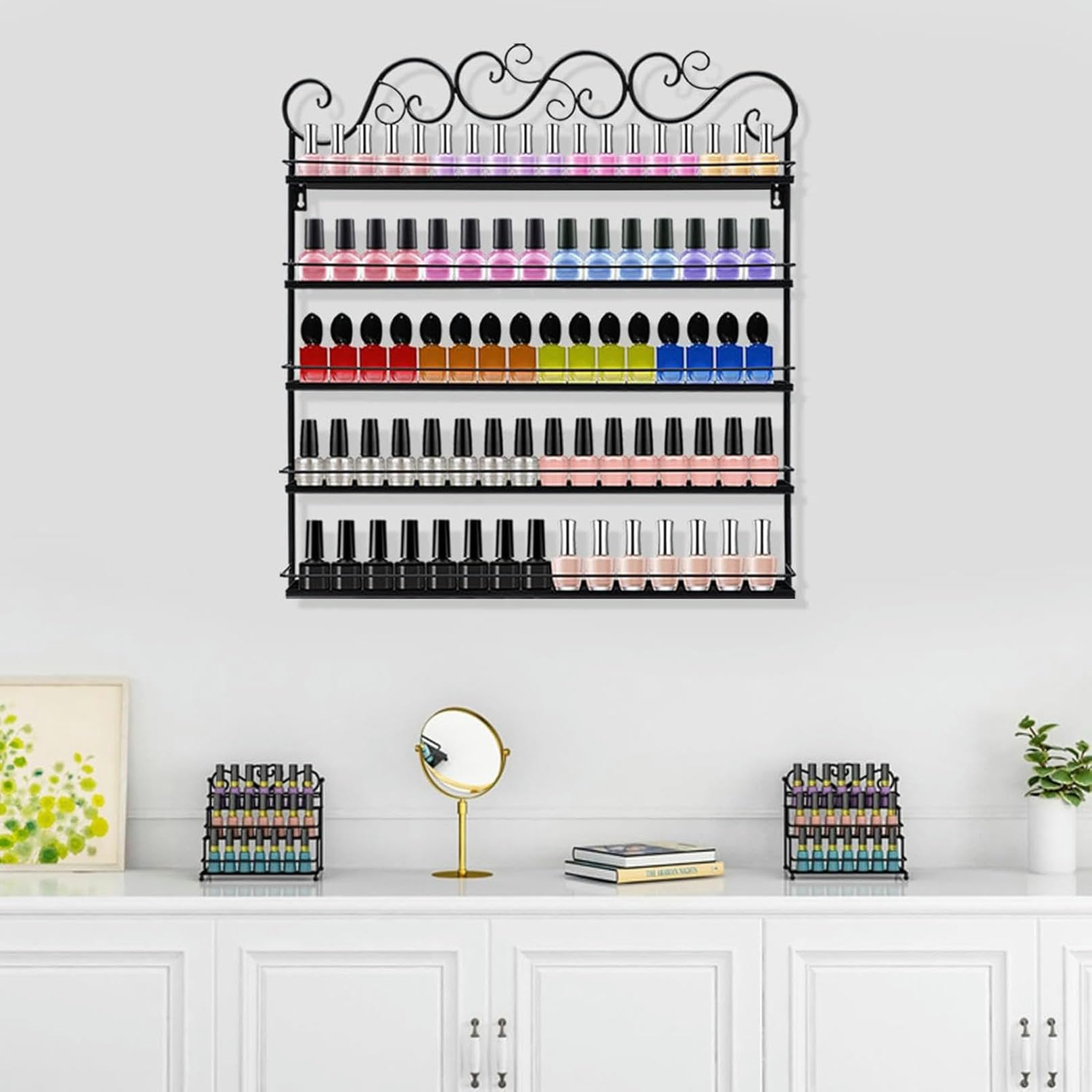 Organizador de esmaltes de uñas de Pared: Estante metálico de 5 Niveles, 66 cm x 70 cm, Ideal para Salones de Belleza y Uso doméstico. Su diseño Delgado en Forma de Anillo facilita el Acceso