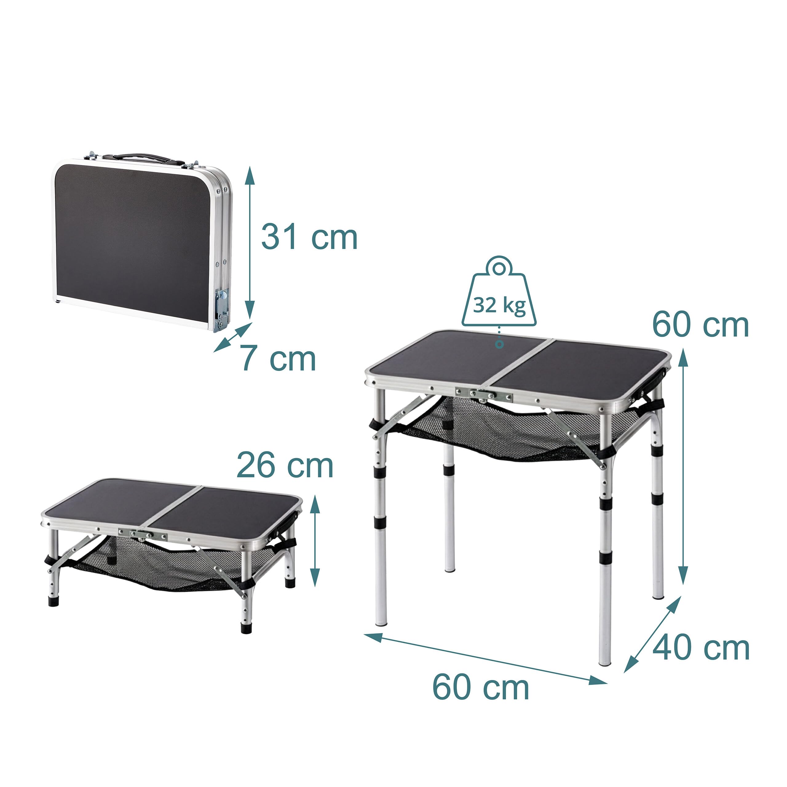 Relaxdays Mesa de Camping Plegable, Altura Regulable, 60×60×40 cm, Aluminio/MDF, Resistente a la Intemperie, Negra