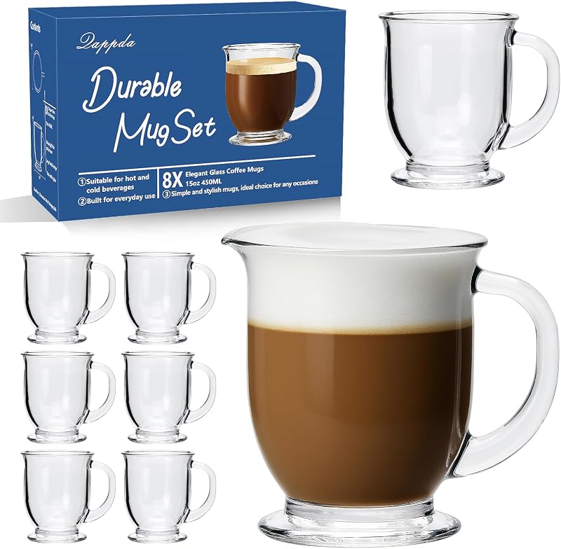 QAPPDA Glass Coffee Mugs Set of 8, 15 Oz Clear Glass Mugs with Handles | Large Coffee Mugs for Hot Beverages, Tea, Latte, Cappuccino, Beer, Juice, Glass Cups Drinkware Set