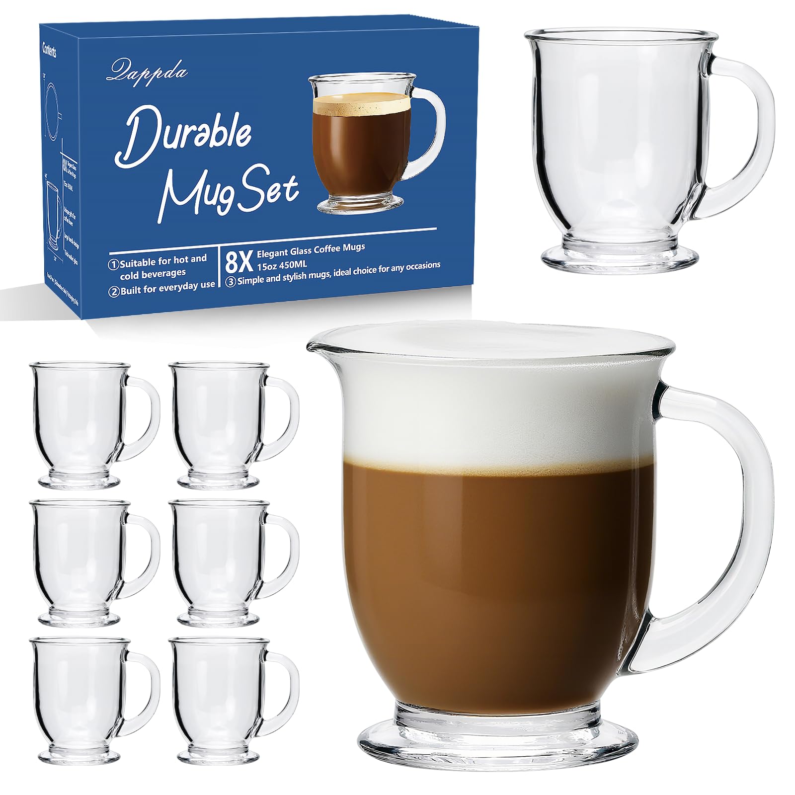 Amazon.com | Coffee Mugs Set of 8, Clear Large Coffee Mug 15 OZ With  HandlesTransparent Tea Cup for Hot/Cold Beverages, Glassware Set for  Americano, Latte, Cappuccino: Coffee Cups & Mugs