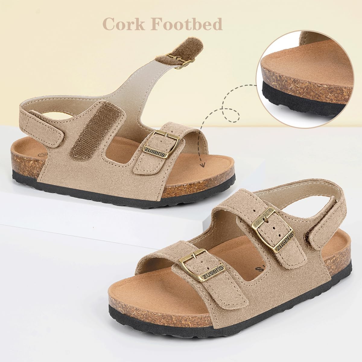 ZUSERIS Kids Toddler Sandals Boys Girls Cork Footbed Sandal Comfort Double Buckle Slip On Slippers with Adjustable Back Strap