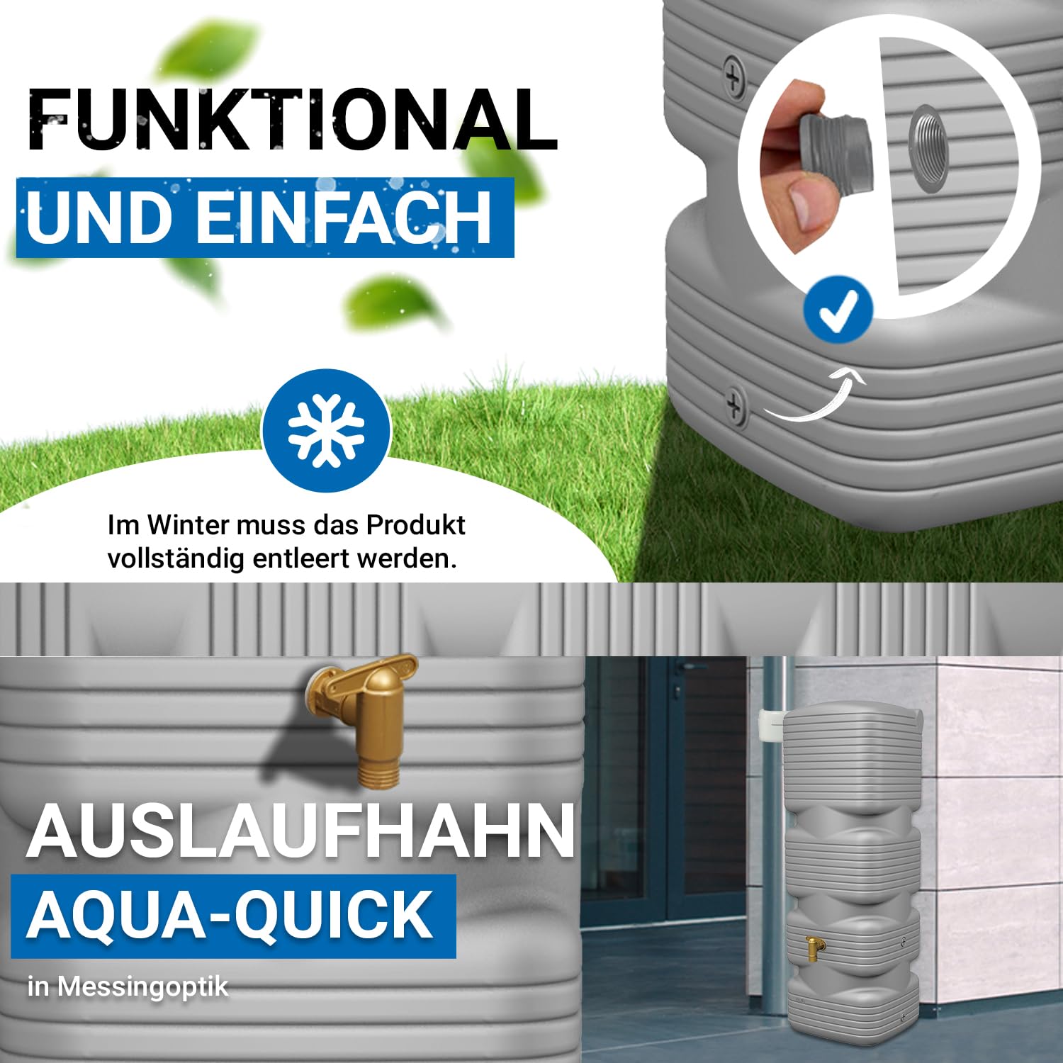 4rain Quadro Regentonne Wandtank Komplett-Set 170 Liter betongrau inkl. Kunststoff-Auslaufhahn und Fallrohranschluss - schmale Lösung am Haus - klare Optik in Betongrau - für Enge Plätze geeignet