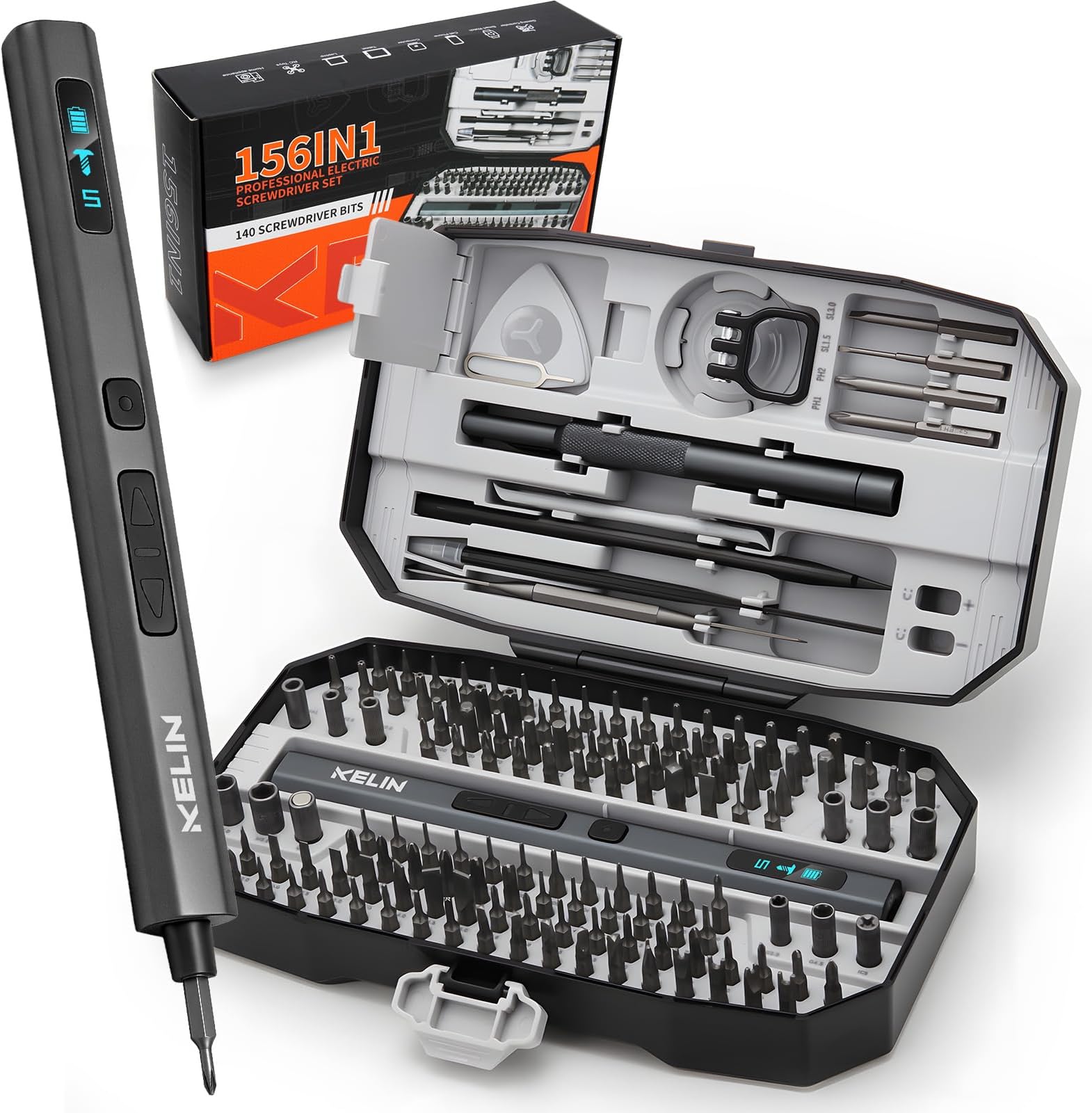 KELIN 156 in 1 Electric Screwdriver, Precision Power Screwdriver Set, 5 Torque Levels＆140 S2 Steel Magnetic Bits, Gifts for Men, Magnetic Repair Tool Kit for iPhone, PC, Laptop, PS4 PS5, Xbox, Watch