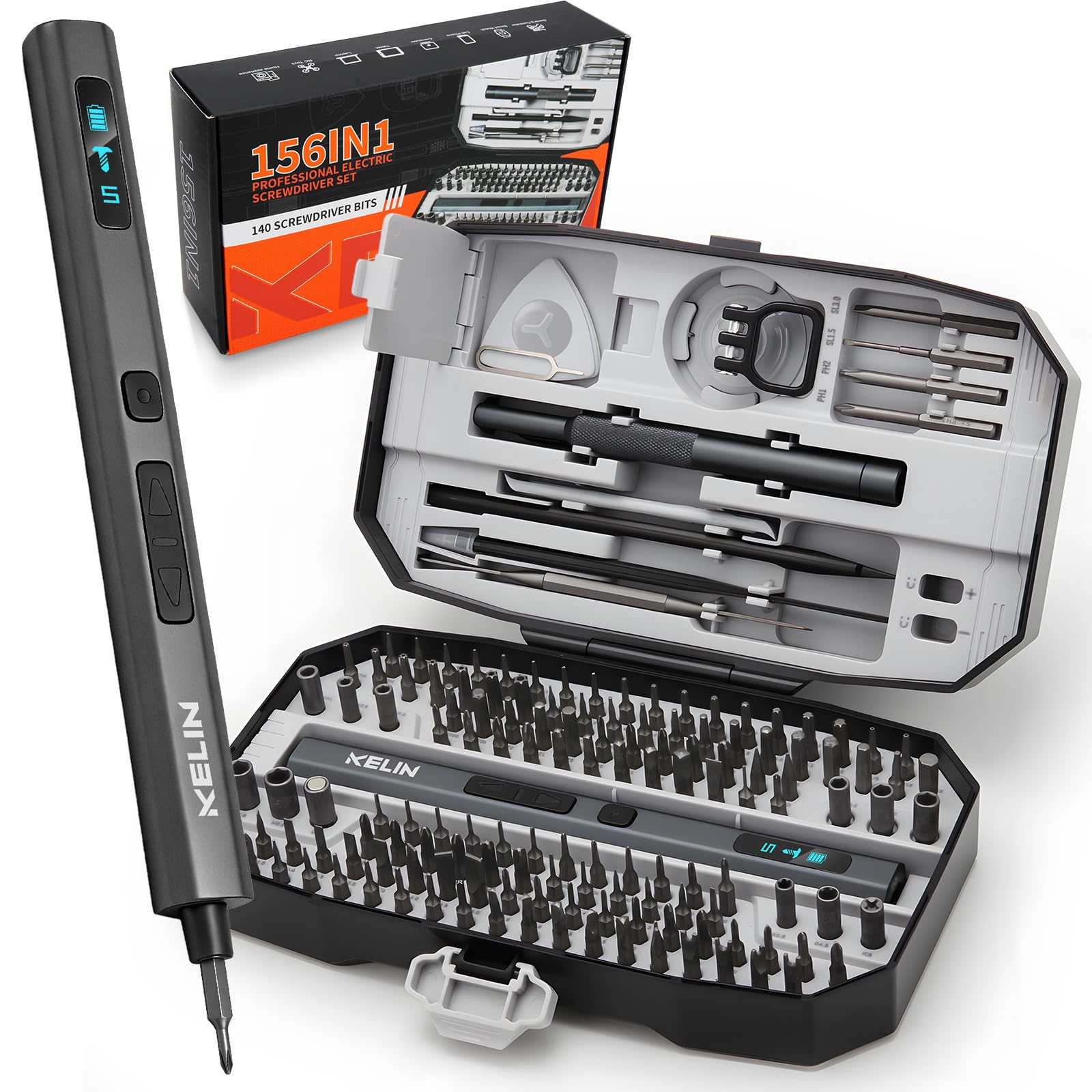 KELIN Destornillador eléctrico 156 en 1, juego de destornilladores de potencia de precisión, 5 niveles de par y 140 puntas magnéticas de acero S2, regalos para hombres, kit de herramientas de