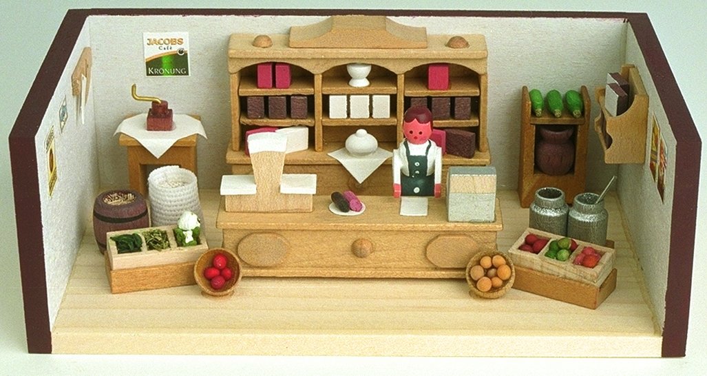 Tube miniature Seiffen 11cm Erzgebirge magasin de tante Emma idée cadeau anniversaire bois