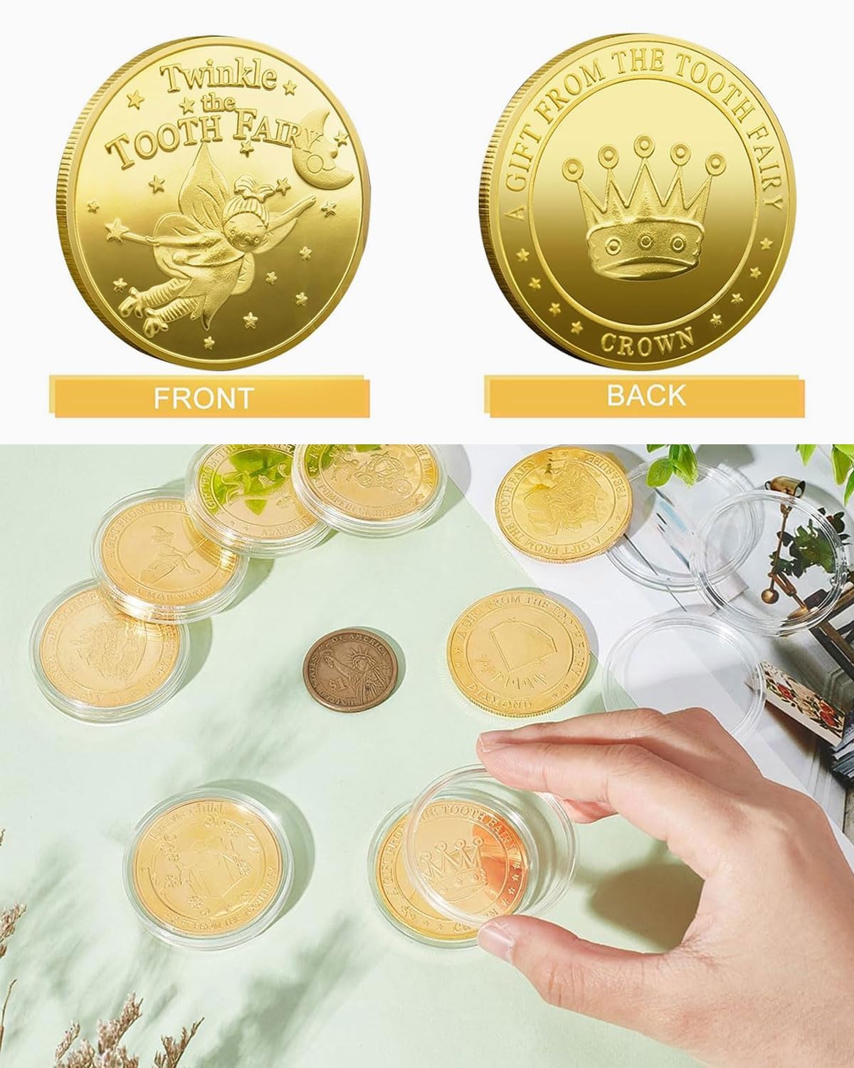 2 PCS Monete Fata dei Denti d'oro, Regalo Fatina dei Denti per Ragazze, Monete da Collezione Monete d'oro Moneta commemorativa per i Bambini dei Denti perduti, Stile corona, adatto ai ragazzi