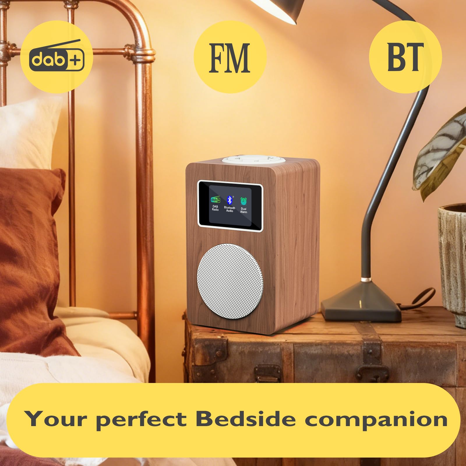 MD4 Radio Dab,Radio Digital Dab Plus,con Altavoz Bluetooth,Radios FM de Cocina de Red y Batería,Pantalla a Color,40 Presintonías,Alarma,Puerto para Auriculares,Caja de Madera-Acabado Nogal