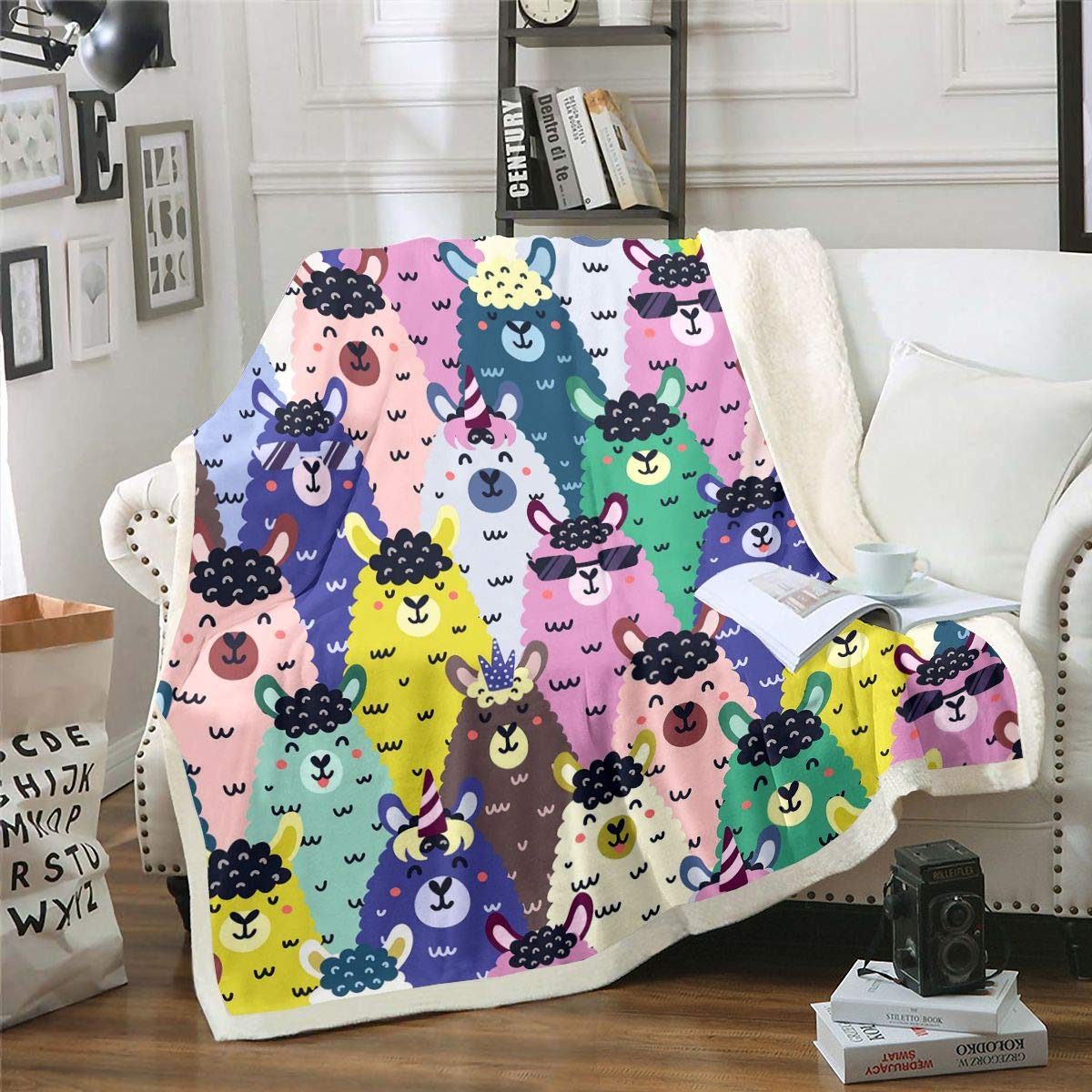 Homemissing Kids Cute Llama Alpaca Fleece Throw Blanket Cartoon Llama Sherpa Blanket for Sofa Bed Funny Colorful Llamas Plush Blanket 3D Animal King 87x94 Inch