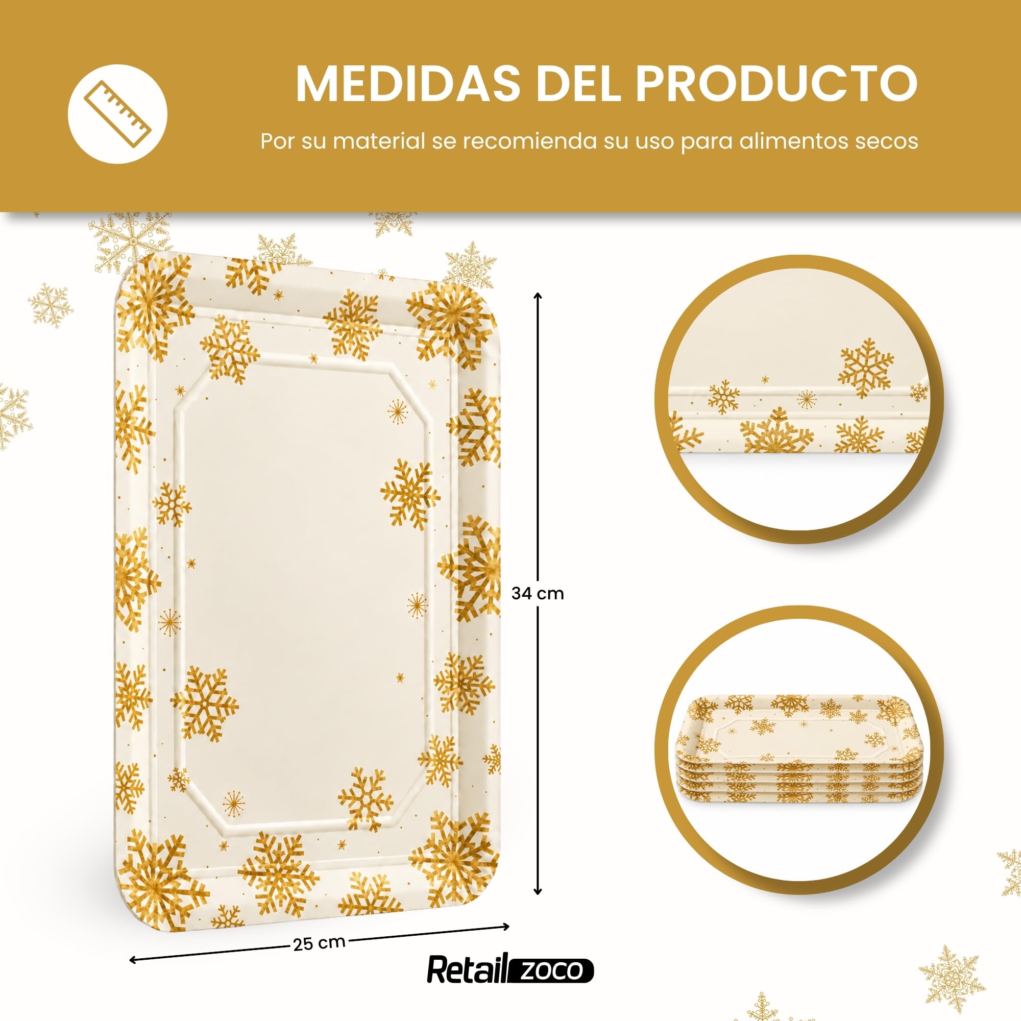 Bandejas de Cartón para Servir, Diseño Copos de nieve dorados, 6 Unidades - imagen 4