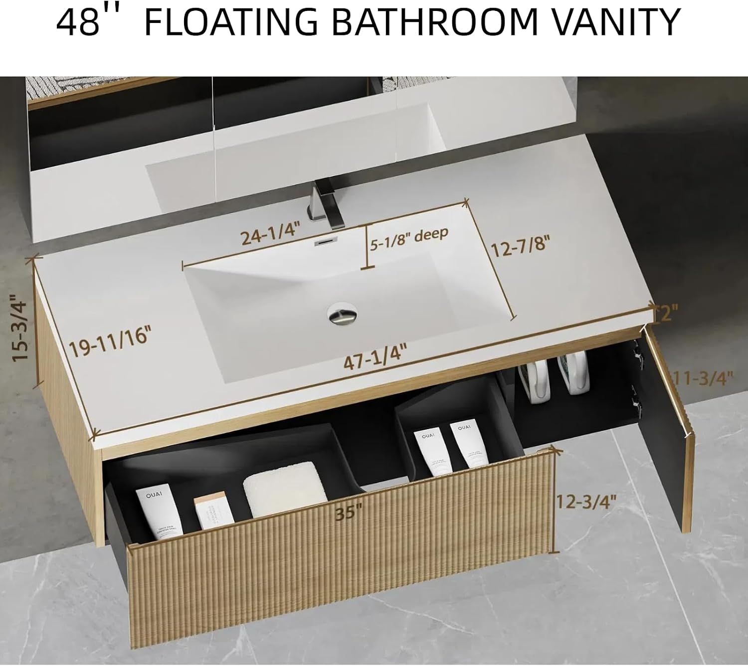 48'' Floating Bathroom Vanity with Sink, Wall-Mounted Bathroom Storage Cabinet with Soft-Close Striped Drawer, Cabinet Door & Solid Surface Basin, Natural Oak Body with Internal Handle, Wood