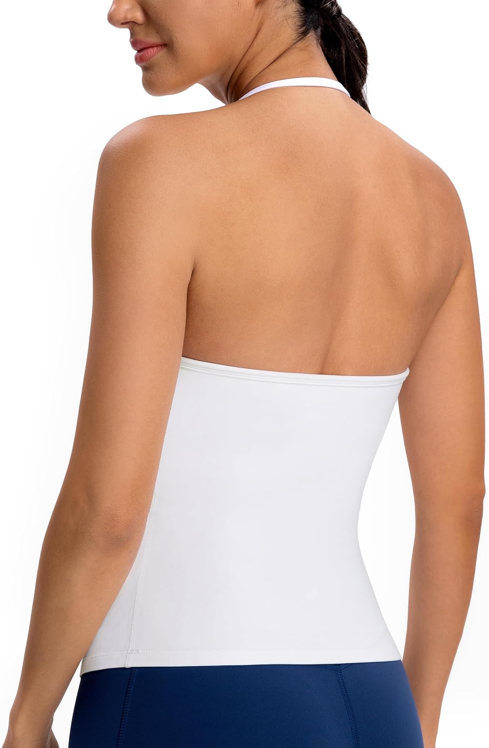 Colorfulkoala Dreamlux Halter Tank Top Backless V Neck Built-in Bra Adjustable Spaghetti Strap Workout Yoga Crop Top