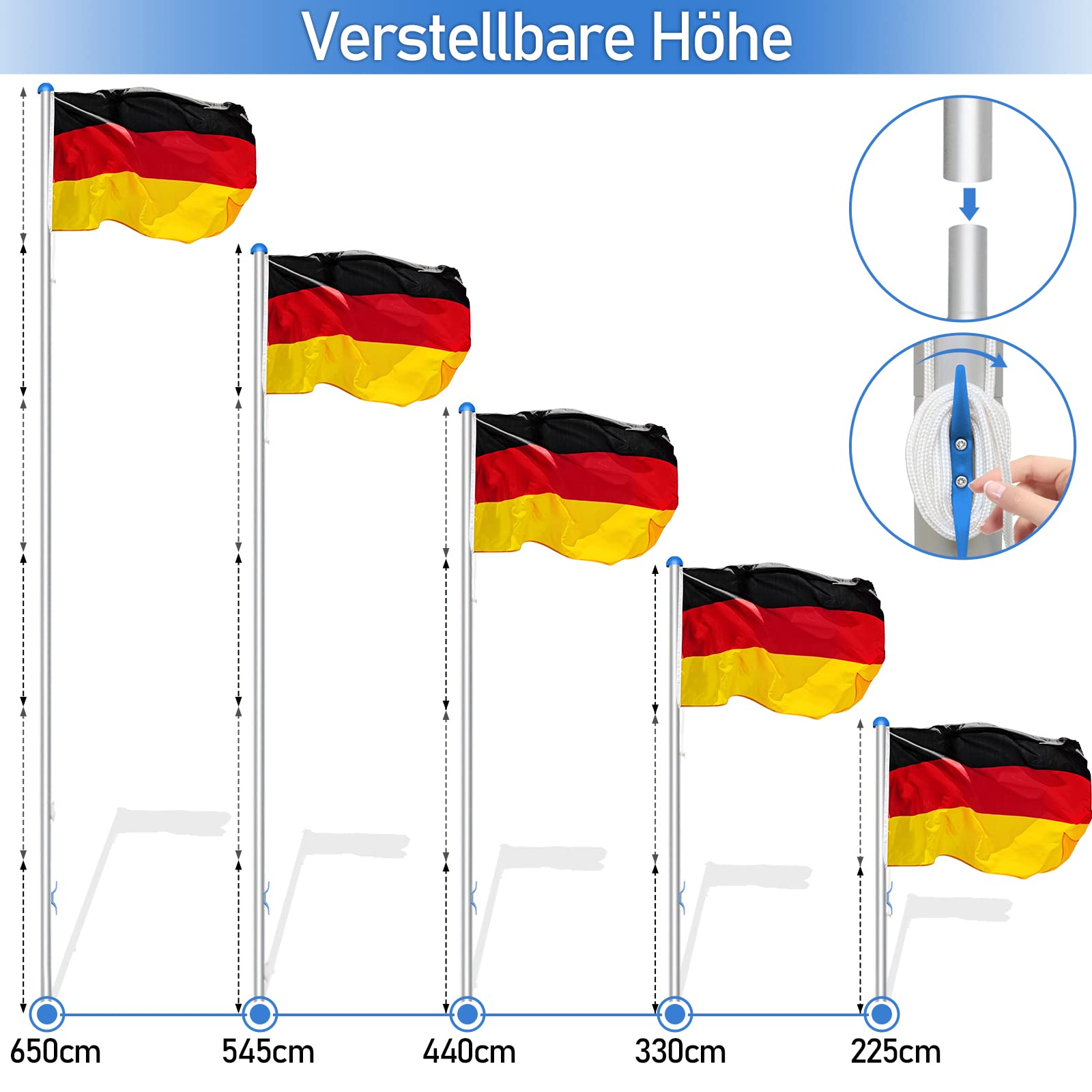 Mât Drapeau Aluminium 650cm Asina - 5 Hauteurs Réglables Avec Drapeau Allemagne