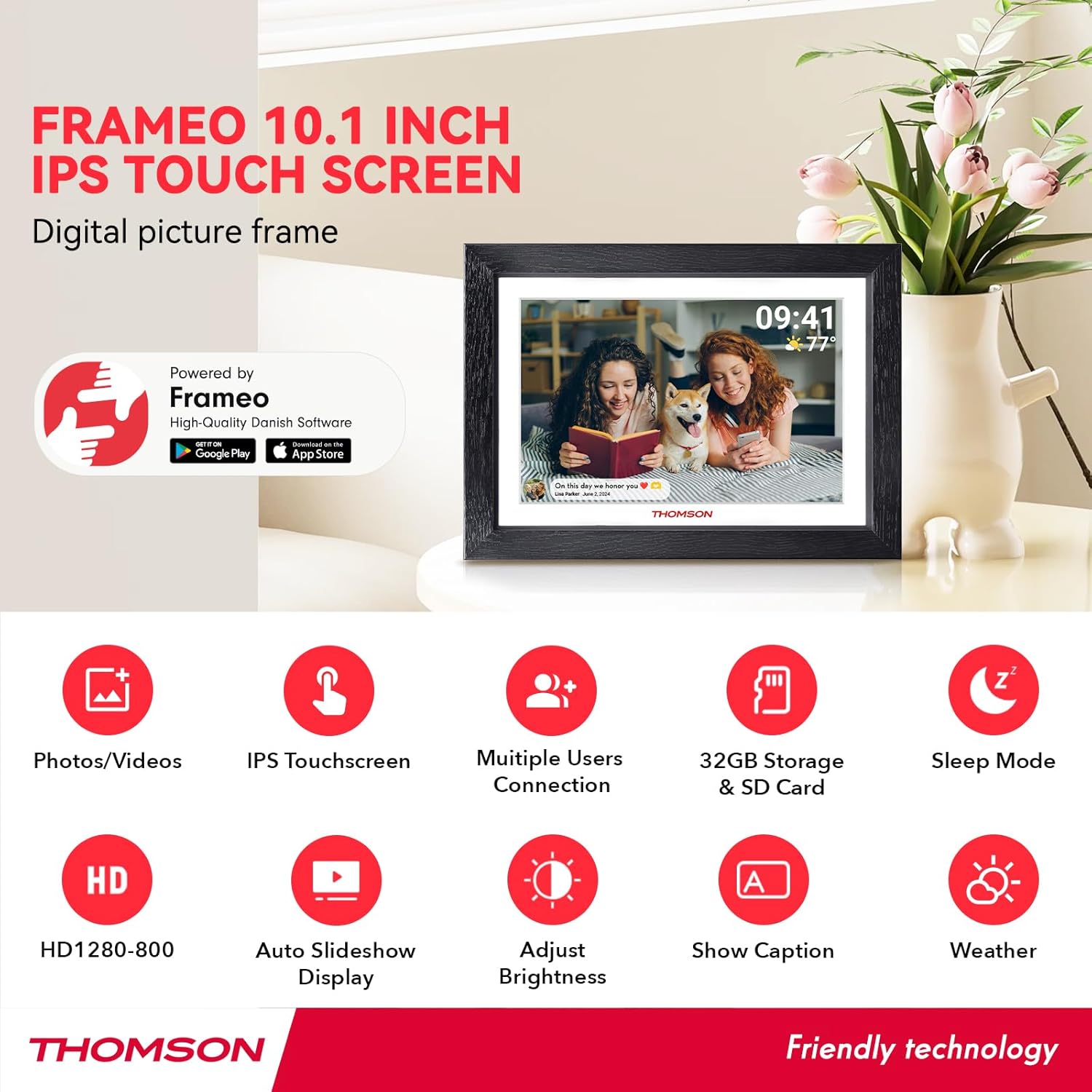 Infographic highlighting key features of the THOMSON digital picture frame including Photos/Videos, IPS Touchscreen, Multiple Users Connection, 32GB Storage & SD Card, Sleep Mode, HD 1280-800, Auto Slideshow Display, Adjust Brightness, Show Caption, and Weather.