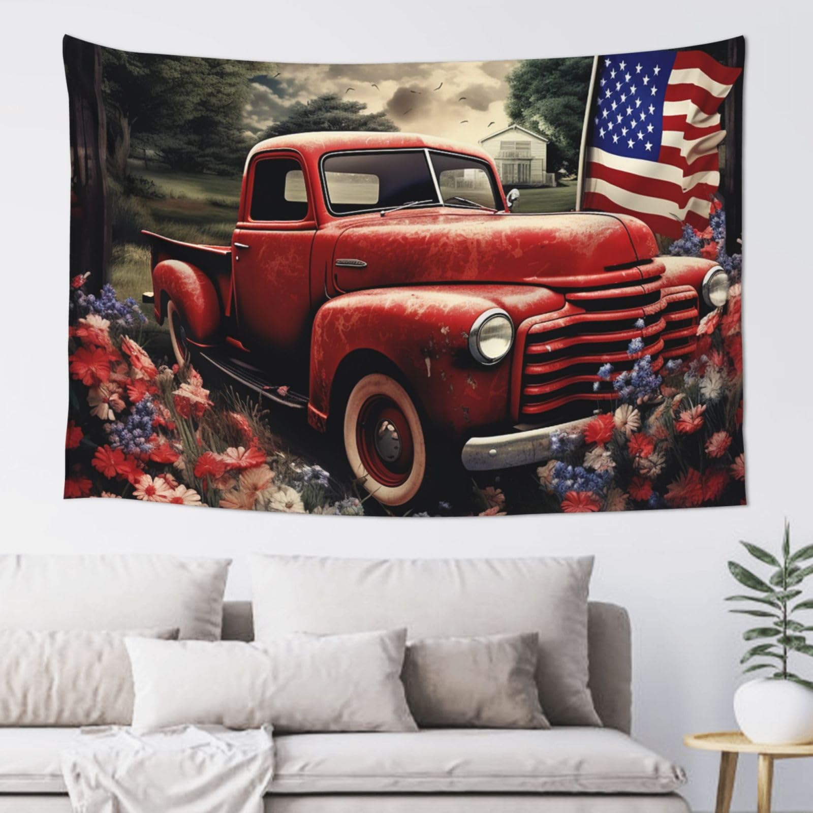 4th Of July Patriotic Old Red Truck Tapestry for Bedroom Aesthetic, Wall Hanging Tapestries Art Decor Backdrop Wall Tapestry for Dorm Living Room Funny Poster Party Banner Background 40" X 60"