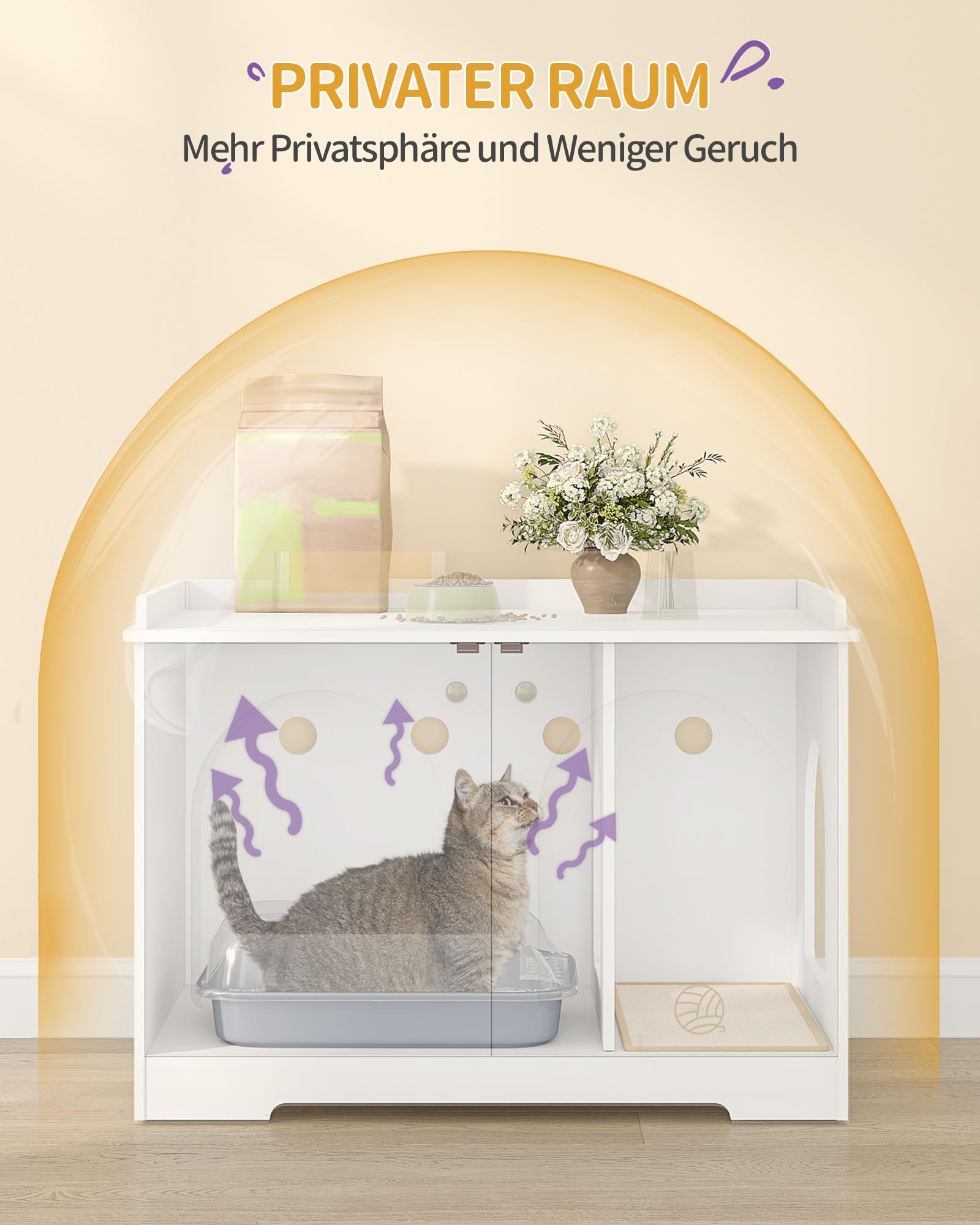 Hzuaneri Katzenschrank mit Griffen, Katzentoilette, Katzenklo Schrank, Katzenhaus mit Tür, Hölzerner Beistelltisch für das Haustierhaus, 50 x 80 x 57cm, Stabile Katzenschrank, Weiß CB05703X